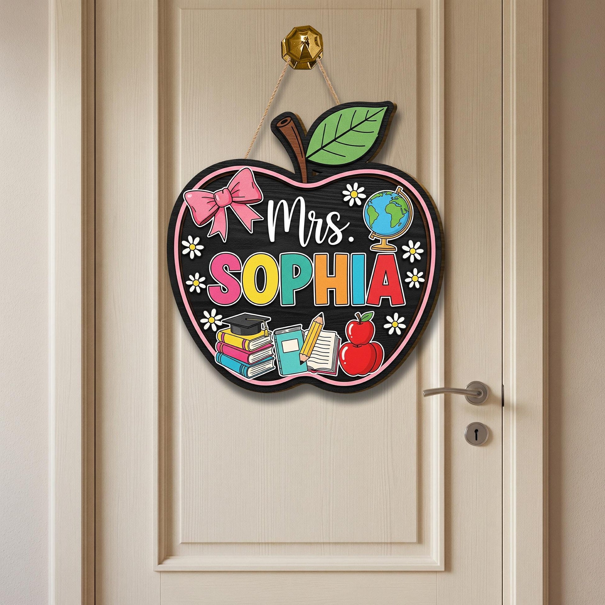 Personalized Apple Teacher Door Sign, Custom Classroom Name Sign with Books and Globe, Back to School Teacher Gift Decor, Apple Room Sign