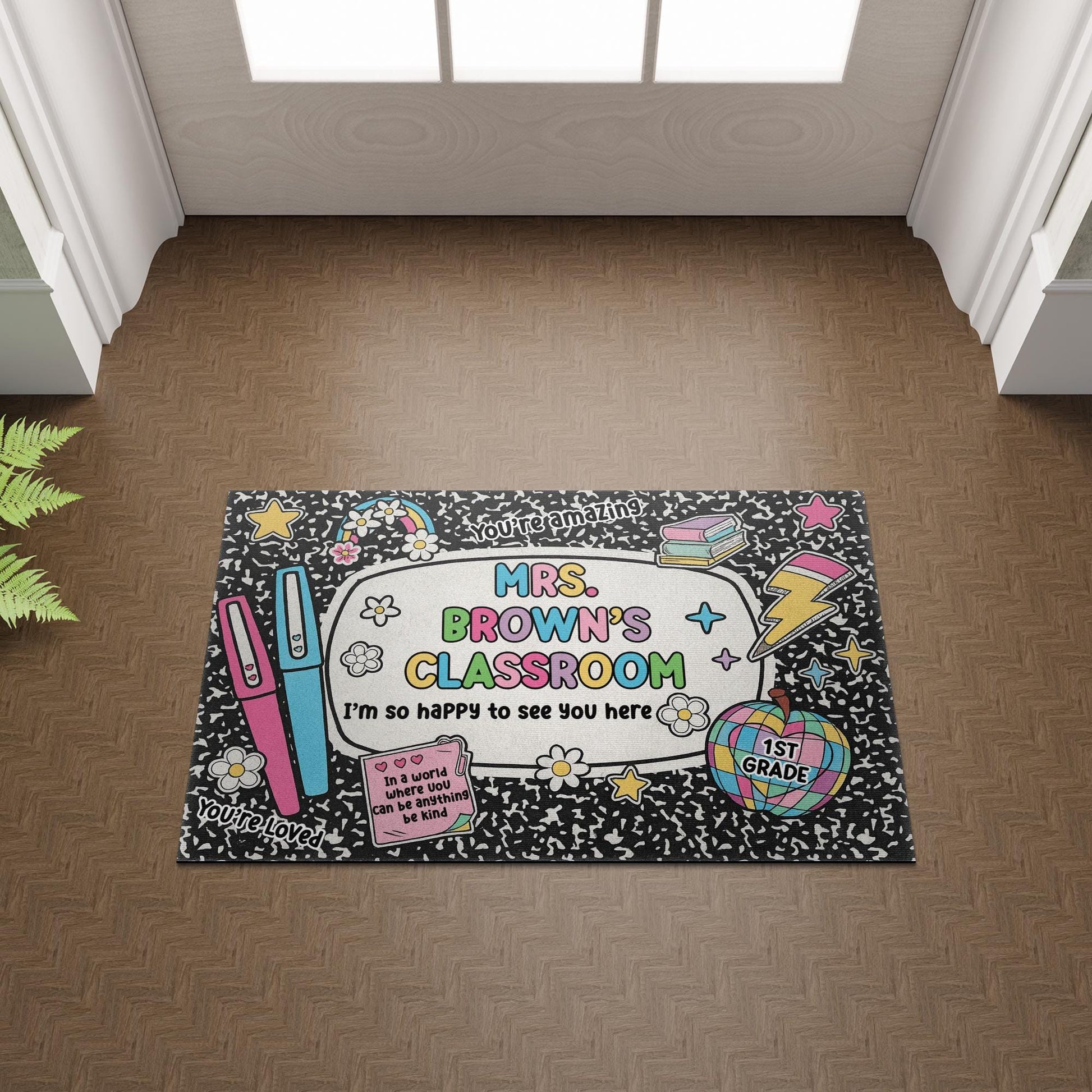 Personalized Teacher Classroom Doormat, Cute Back to School Welcome Mat for 1st Grade, Custom Name Rug, Rainbow Composition Design Rug