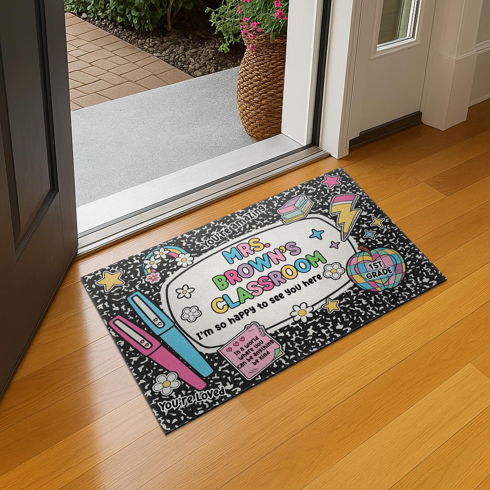 Personalized Teacher Classroom Doormat, Cute Back to School Welcome Mat for 1st Grade, Custom Name Rug, Rainbow Composition Design Rug