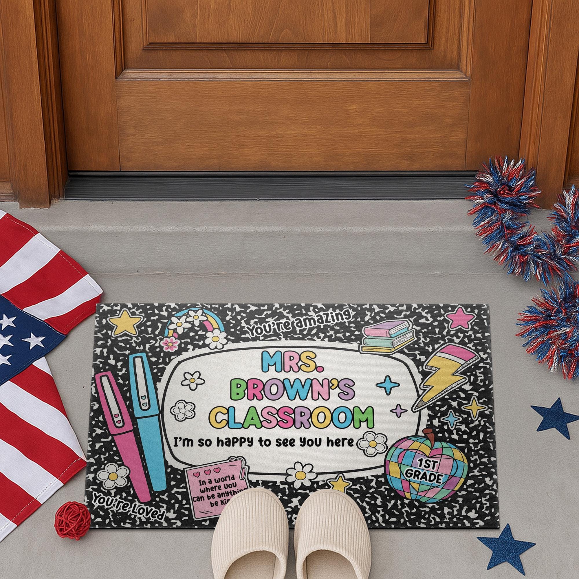 Personalized Teacher Classroom Doormat, Cute Back to School Welcome Mat for 1st Grade, Custom Name Rug, Rainbow Composition Design Rug