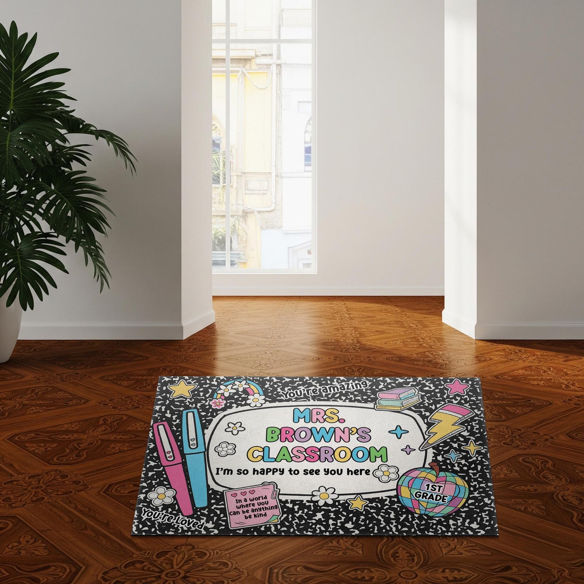 Personalized Teacher Classroom Doormat, Cute Back to School Welcome Mat for 1st Grade, Custom Name Rug, Rainbow Composition Design Rug