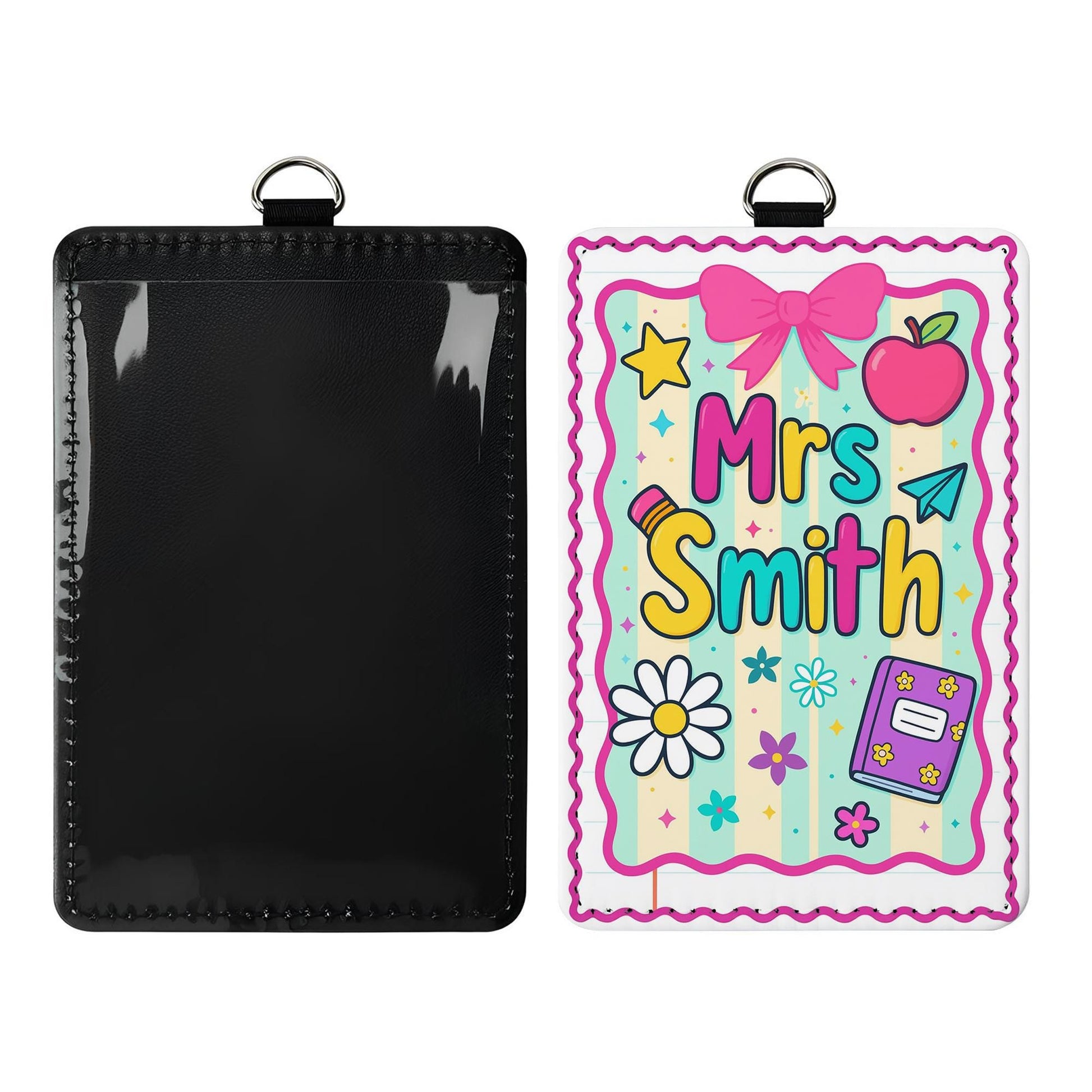 Personalized Teacher Name Badge Holder, Cute Classroom Lanyard ID Tag with Apple and Bow, Back to School Teacher Gift, School Supplies