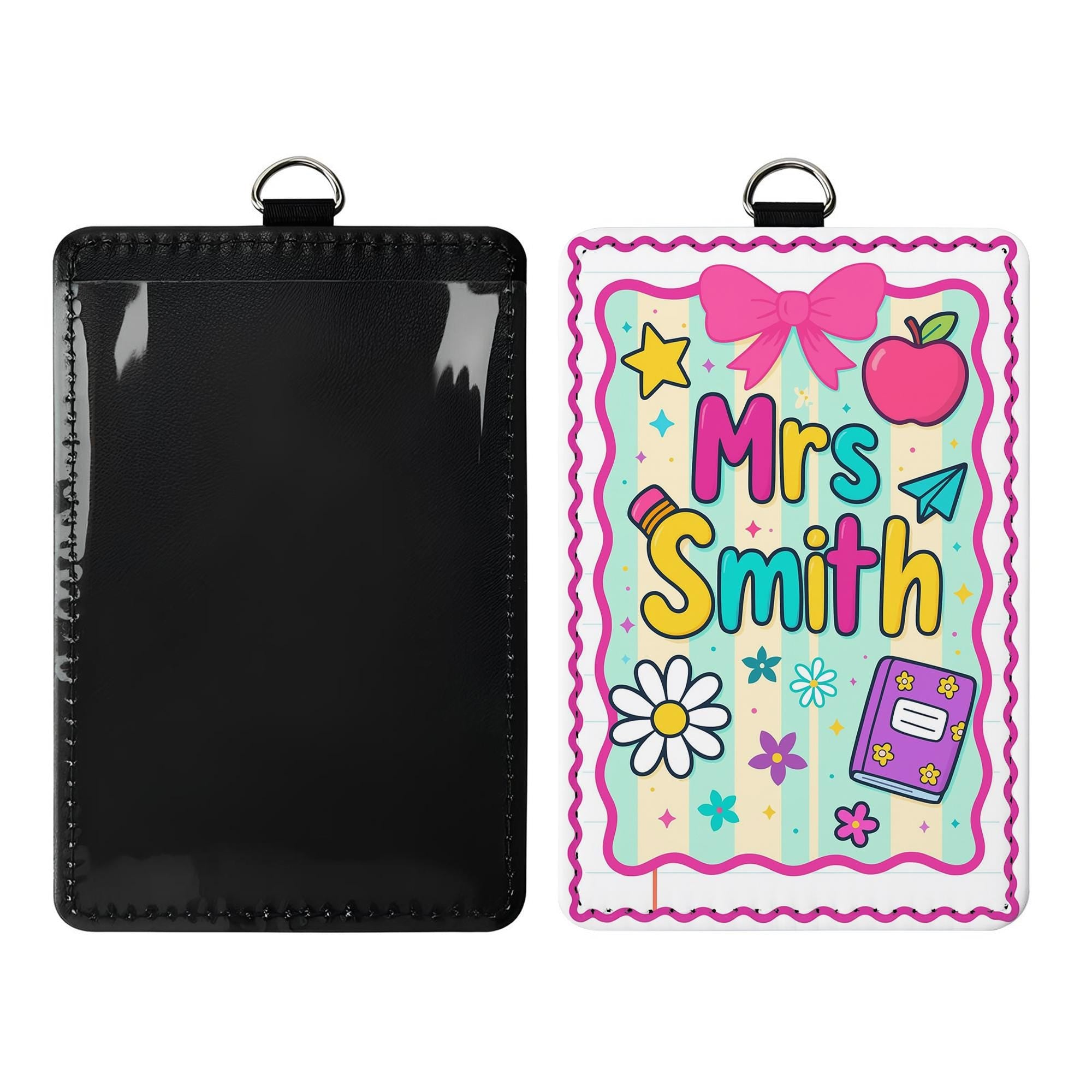 Personalized Teacher Name Badge Holder, Cute Classroom Lanyard ID Tag with Apple and Bow, Back to School Teacher Gift, School Supplies