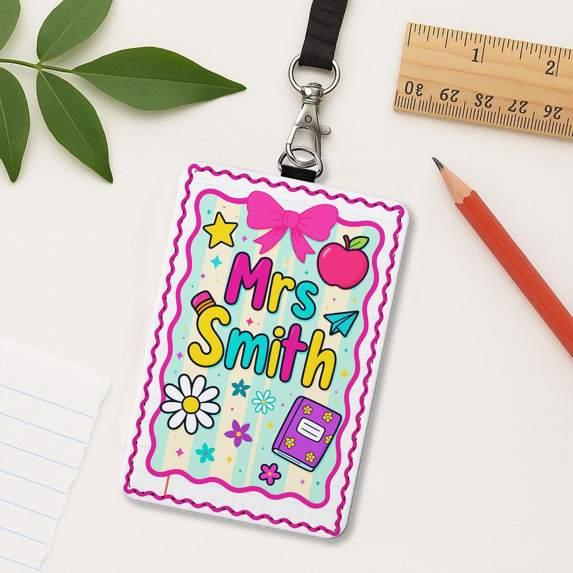 Personalized Teacher Name Badge Holder, Cute Classroom Lanyard ID Tag with Apple and Bow, Back to School Teacher Gift, School Supplies