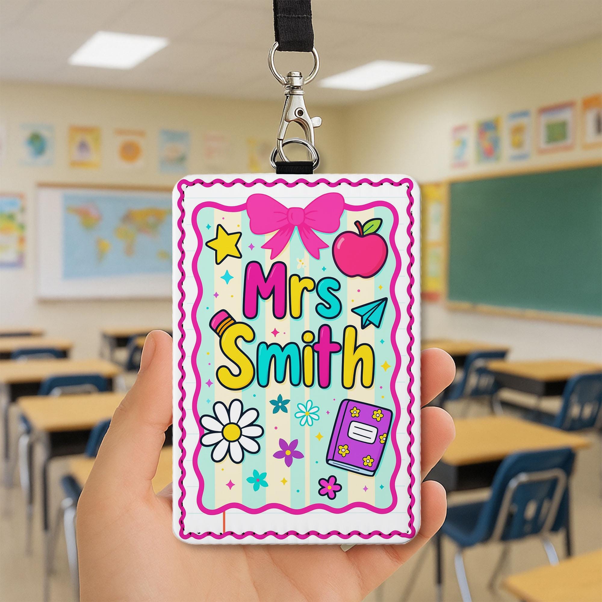 Personalized Teacher Name Badge Holder, Cute Classroom Lanyard ID Tag with Apple and Bow, Back to School Teacher Gift, School Supplies