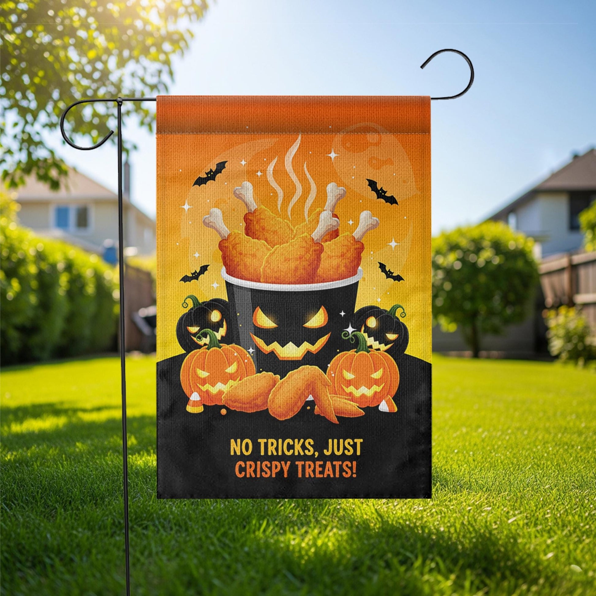 Funny Halloween Chicken Garden Flag, Crispy Treats Pumpkin Yard Banner, Fall Outdoor Food Humor Decor, No Tricks Just Treats Sign