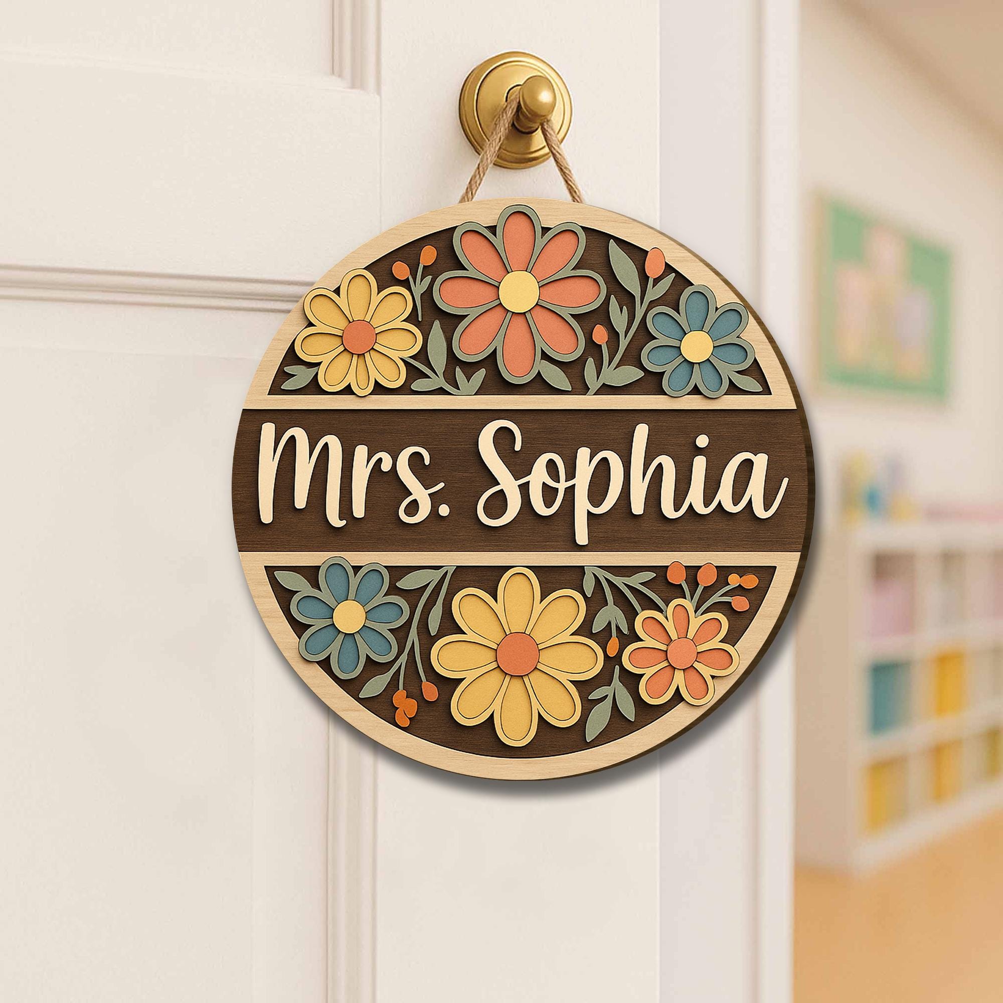 Custom Teacher Door Sign – Personalized Classroom Name Sign – Floral Wood Welcome Sign for Teacher – Back to School Gift for Educators