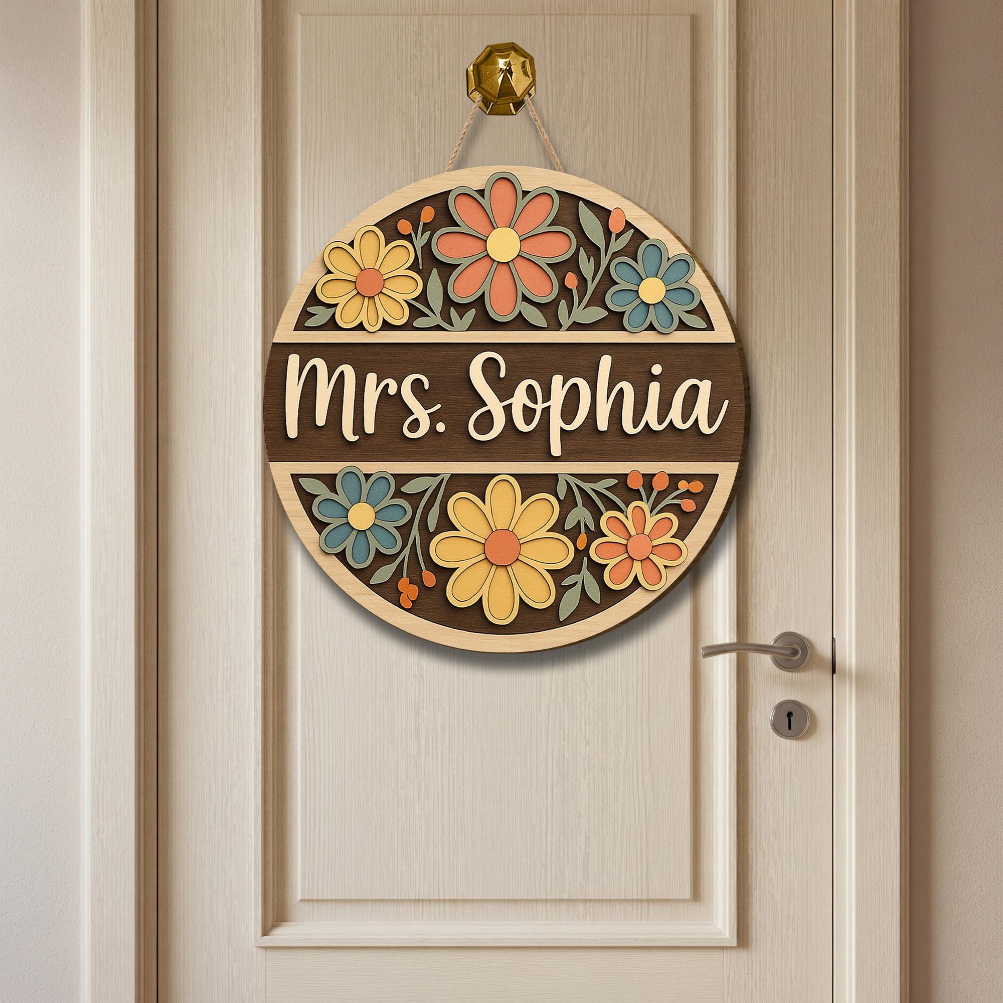 Custom Teacher Door Sign – Personalized Classroom Name Sign – Floral Wood Welcome Sign for Teacher – Back to School Gift for Educators