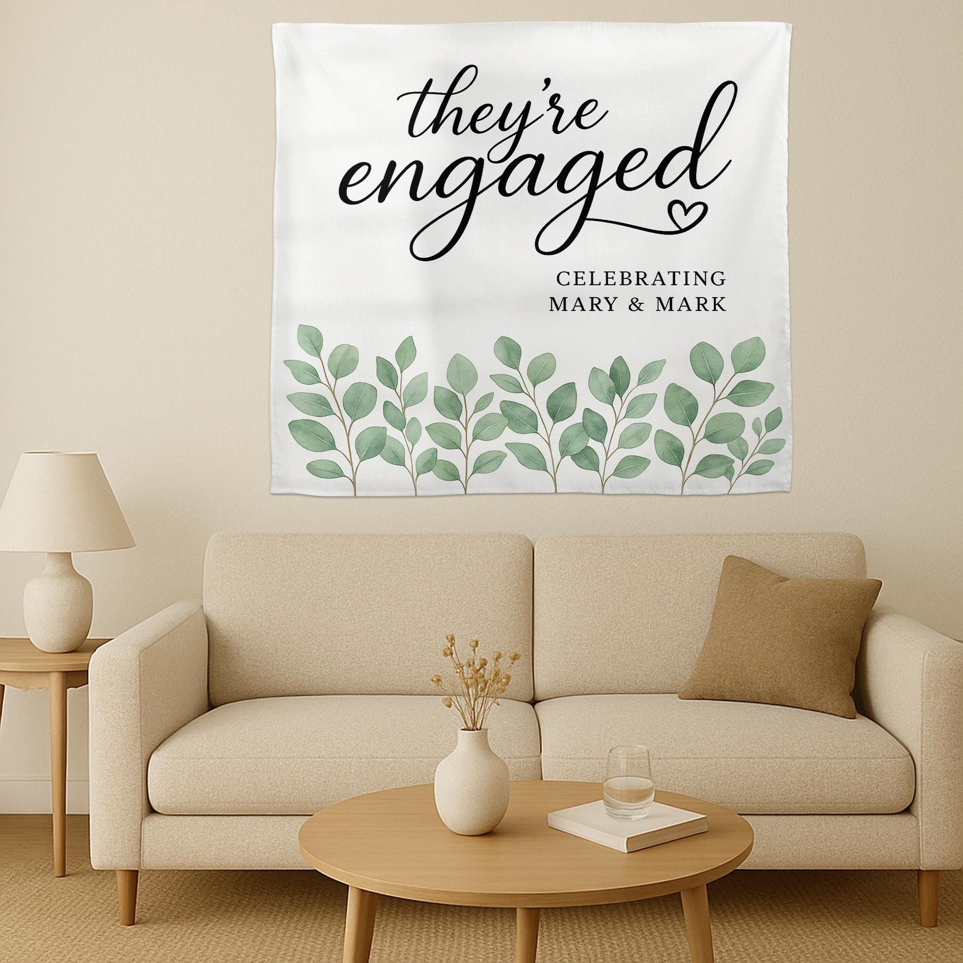 They're Engaged Tapestry, Custom Engagement Party Banner, Leafy Green Wall Decor, Personalized Wedding Shower Sign