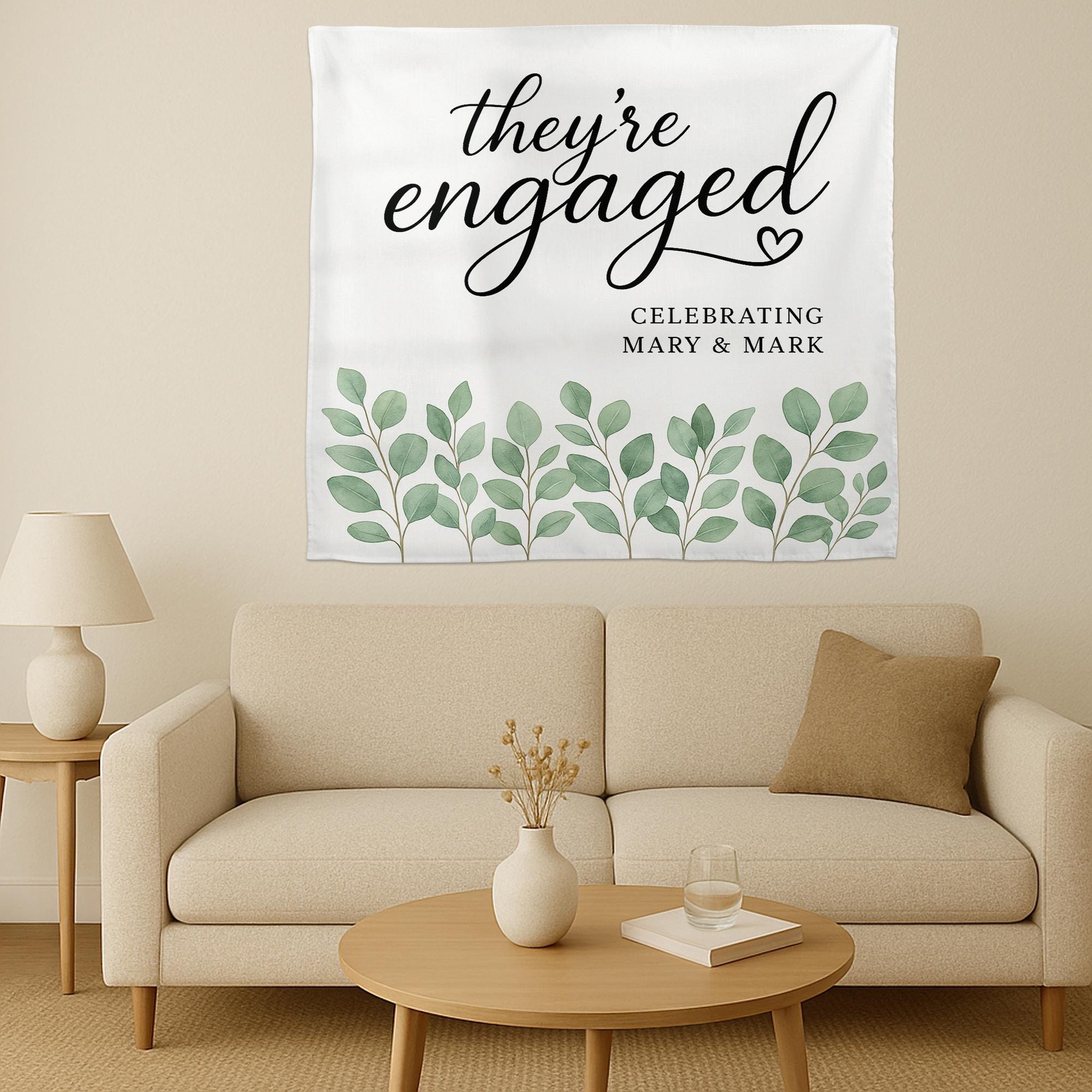 They're Engaged Tapestry, Custom Engagement Party Banner, Leafy Green Wall Decor, Personalized Wedding Shower Sign