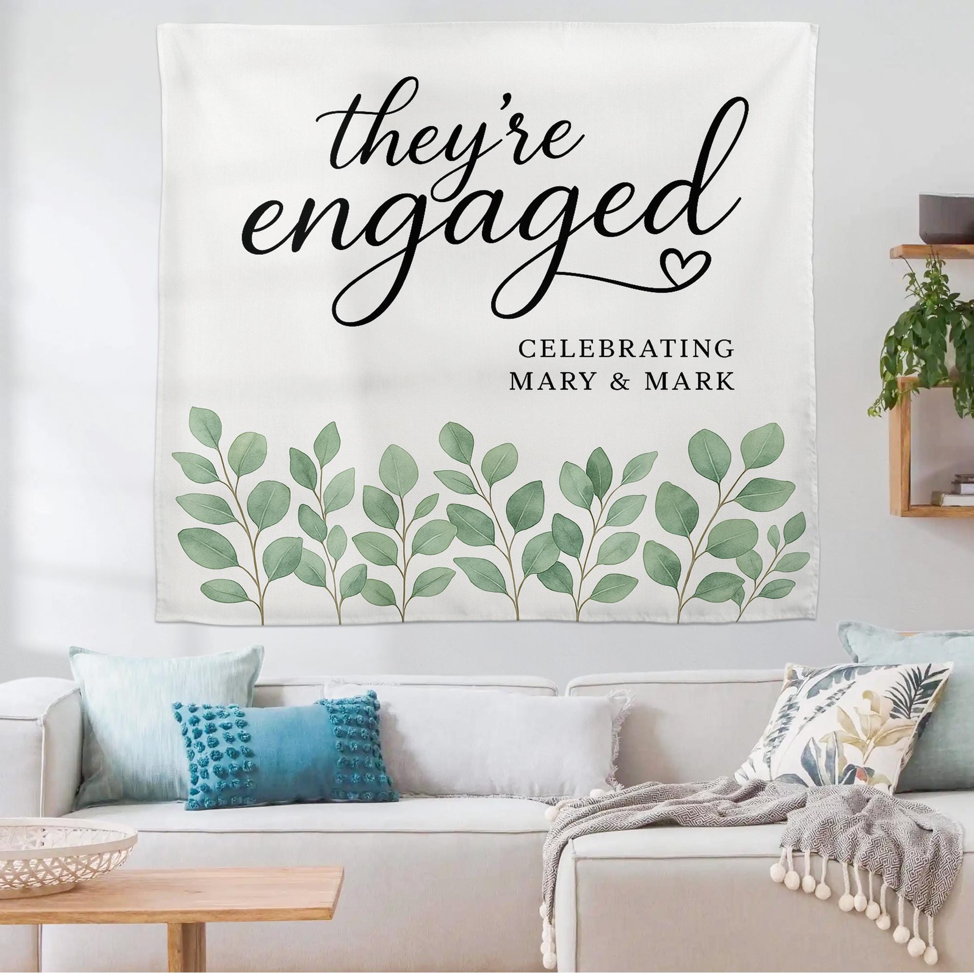 They're Engaged Tapestry, Custom Engagement Party Banner, Leafy Green Wall Decor, Personalized Wedding Shower Sign