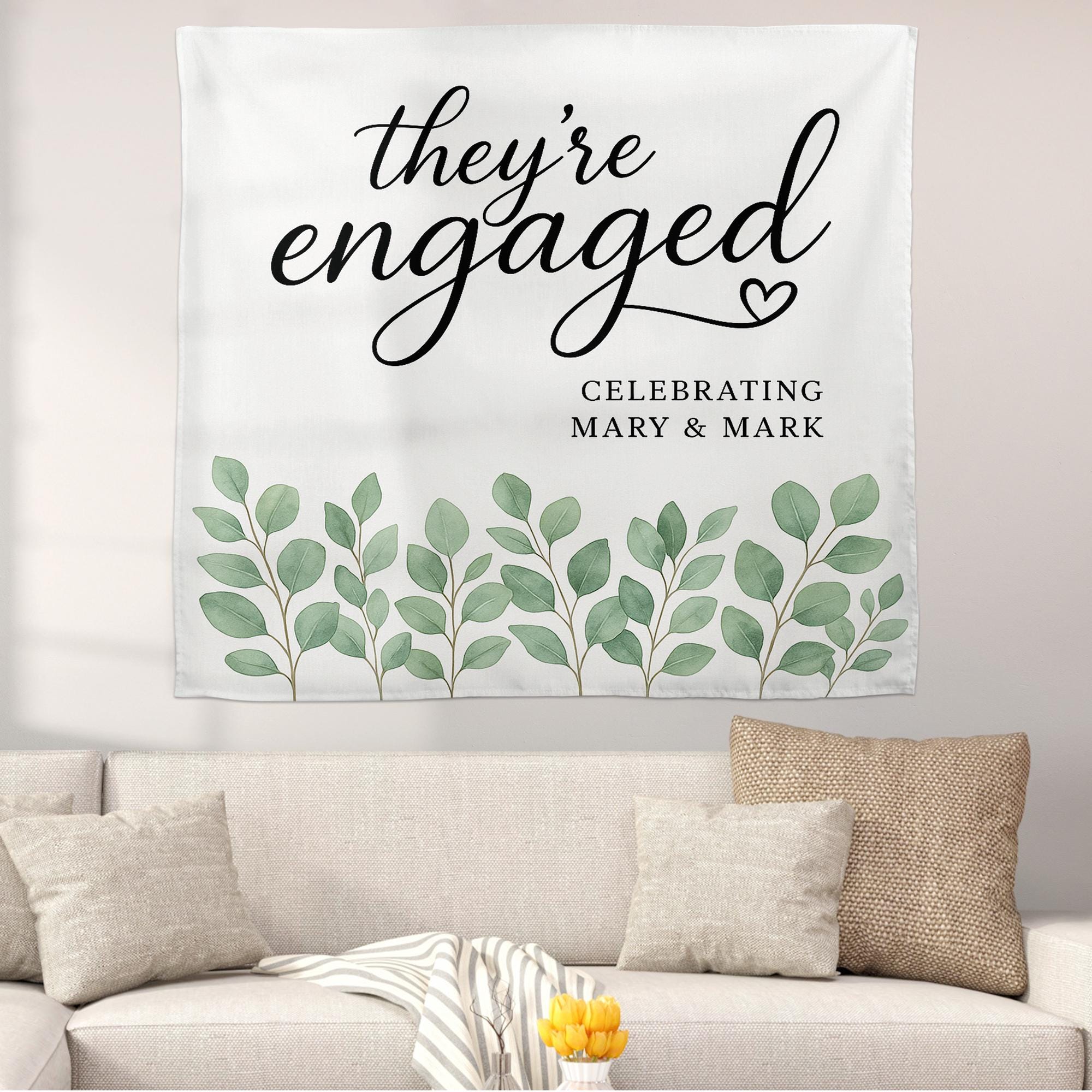 They're Engaged Tapestry, Custom Engagement Party Banner, Leafy Green Wall Decor, Personalized Wedding Shower Sign