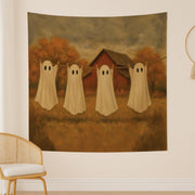 Hanging with My Boos Ghost Tapestry – Vintage Halloween Wall Art – Fall Farmhouse Spooky Decor – Ghost Sheet Line Art Tapestry