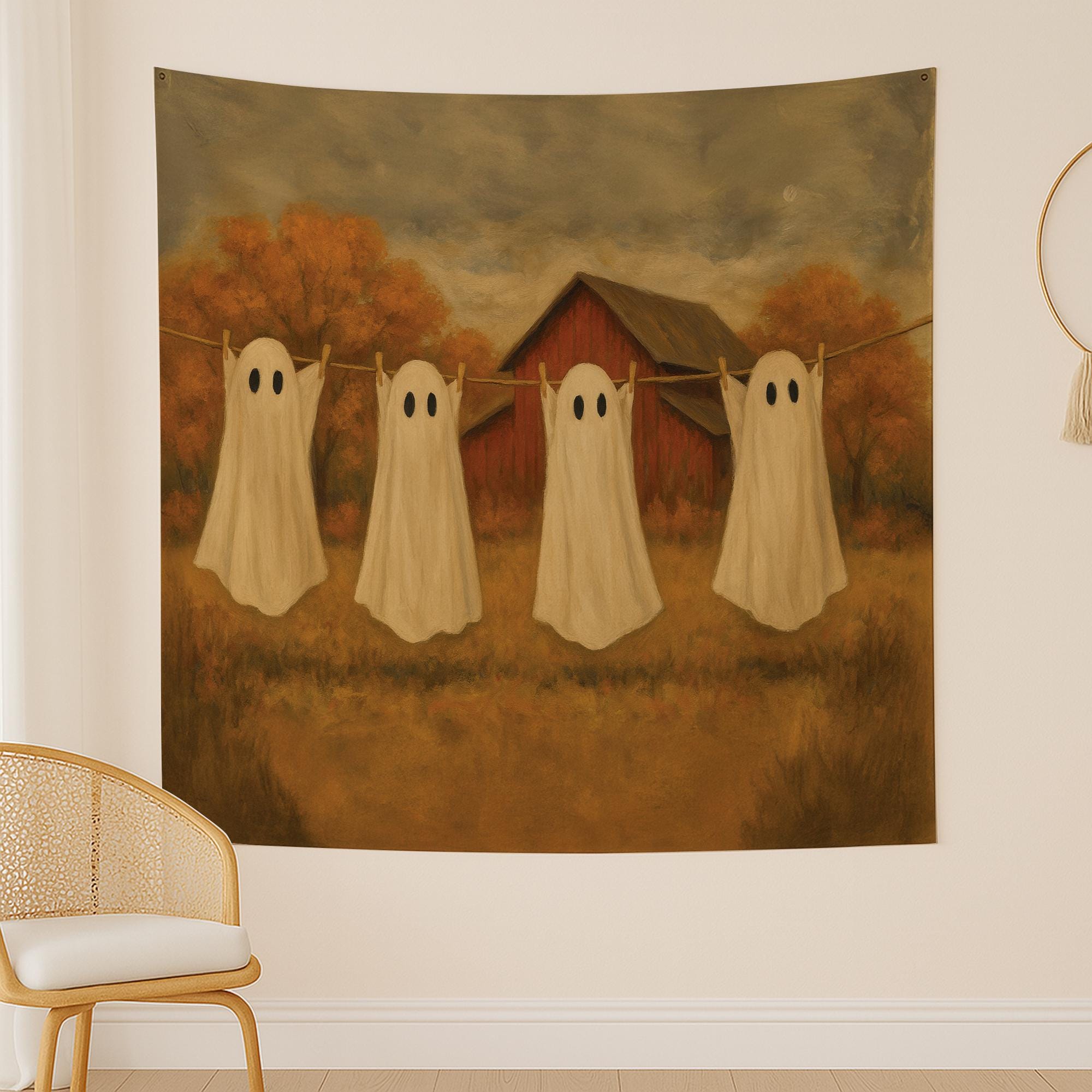 Hanging with My Boos Ghost Tapestry – Vintage Halloween Wall Art – Fall Farmhouse Spooky Decor – Ghost Sheet Line Art Tapestry