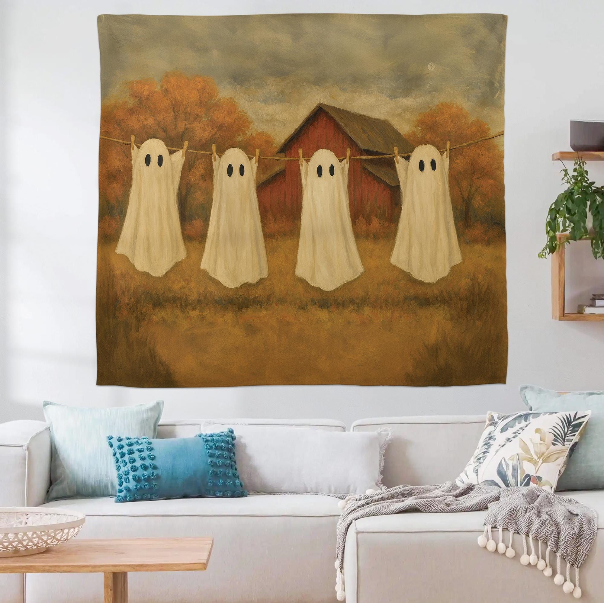 Hanging with My Boos Ghost Tapestry – Vintage Halloween Wall Art – Fall Farmhouse Spooky Decor – Ghost Sheet Line Art Tapestry