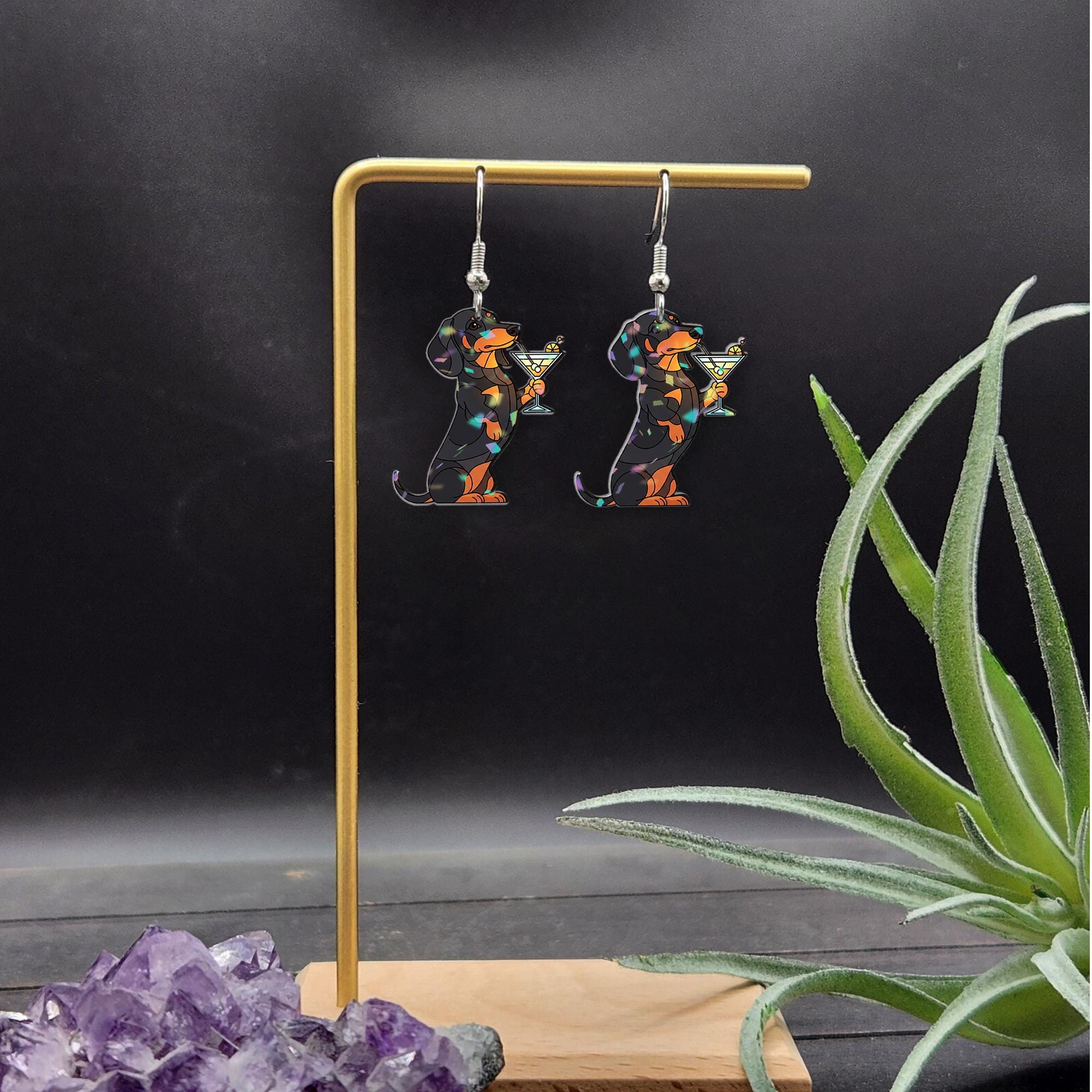 Dachshund Dog Earrings with Martini – Funny Dangle Earrings for Dog Lovers – Cute Wiener Dog Jewelry Gift for Her