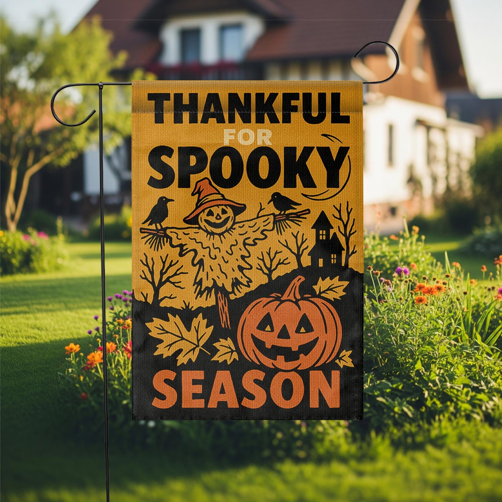 Thankful for Spooky Season Garden Flag – Halloween Pumpkin Yard Decor – Fall Scarecrow Porch Banner – Rustic Autumn Outdoor Sign