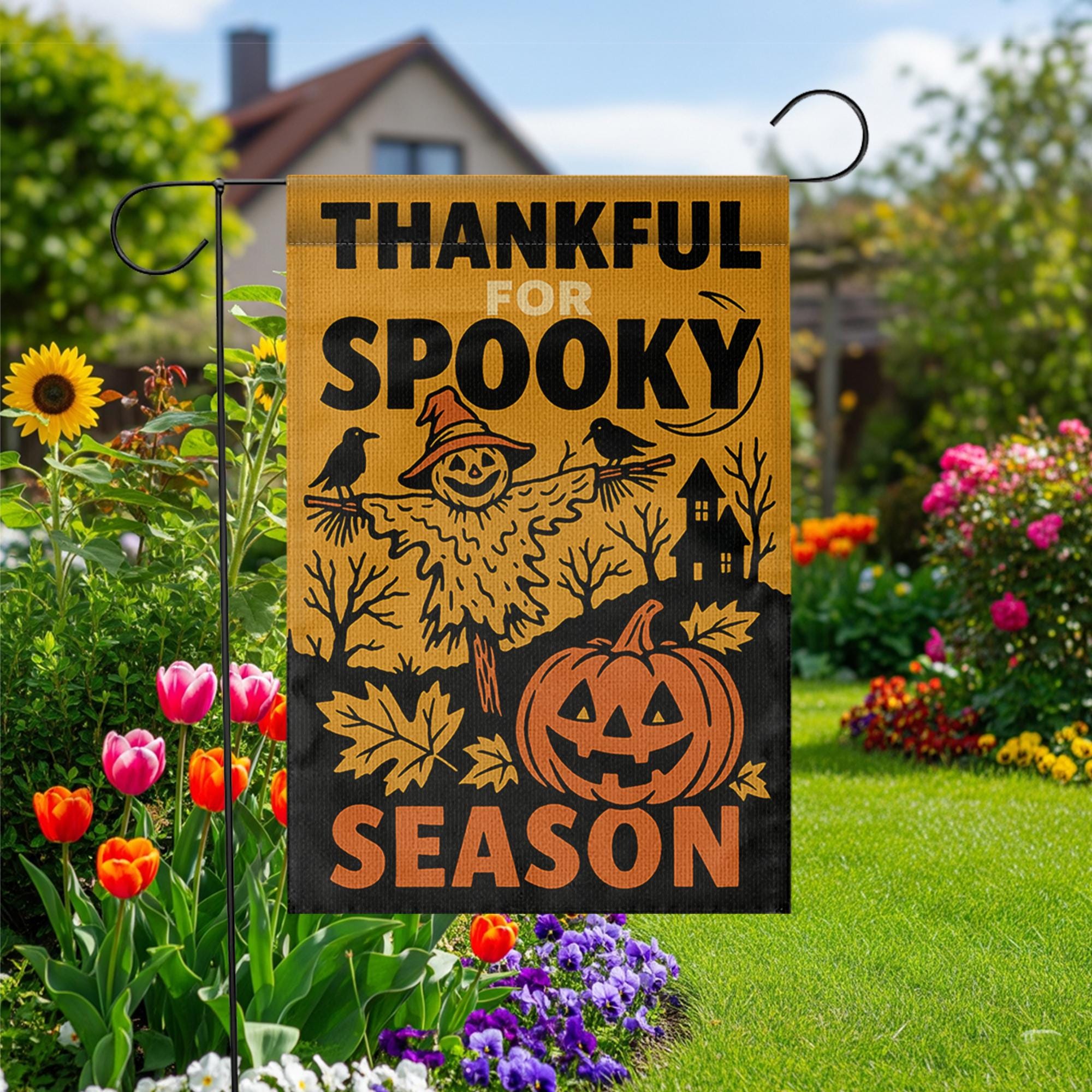 Thankful for Spooky Season Garden Flag – Halloween Pumpkin Yard Decor – Fall Scarecrow Porch Banner – Rustic Autumn Outdoor Sign