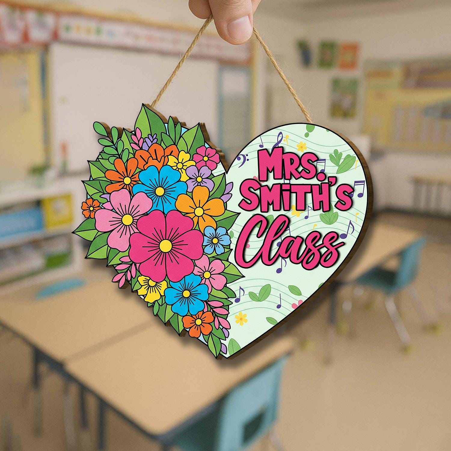 Custome Class Sign, Heart Shaped Floral Door Hanger, Personalized Teacher Decor, Classroom Wall Sign, Back to School Gift, Personalized Sign