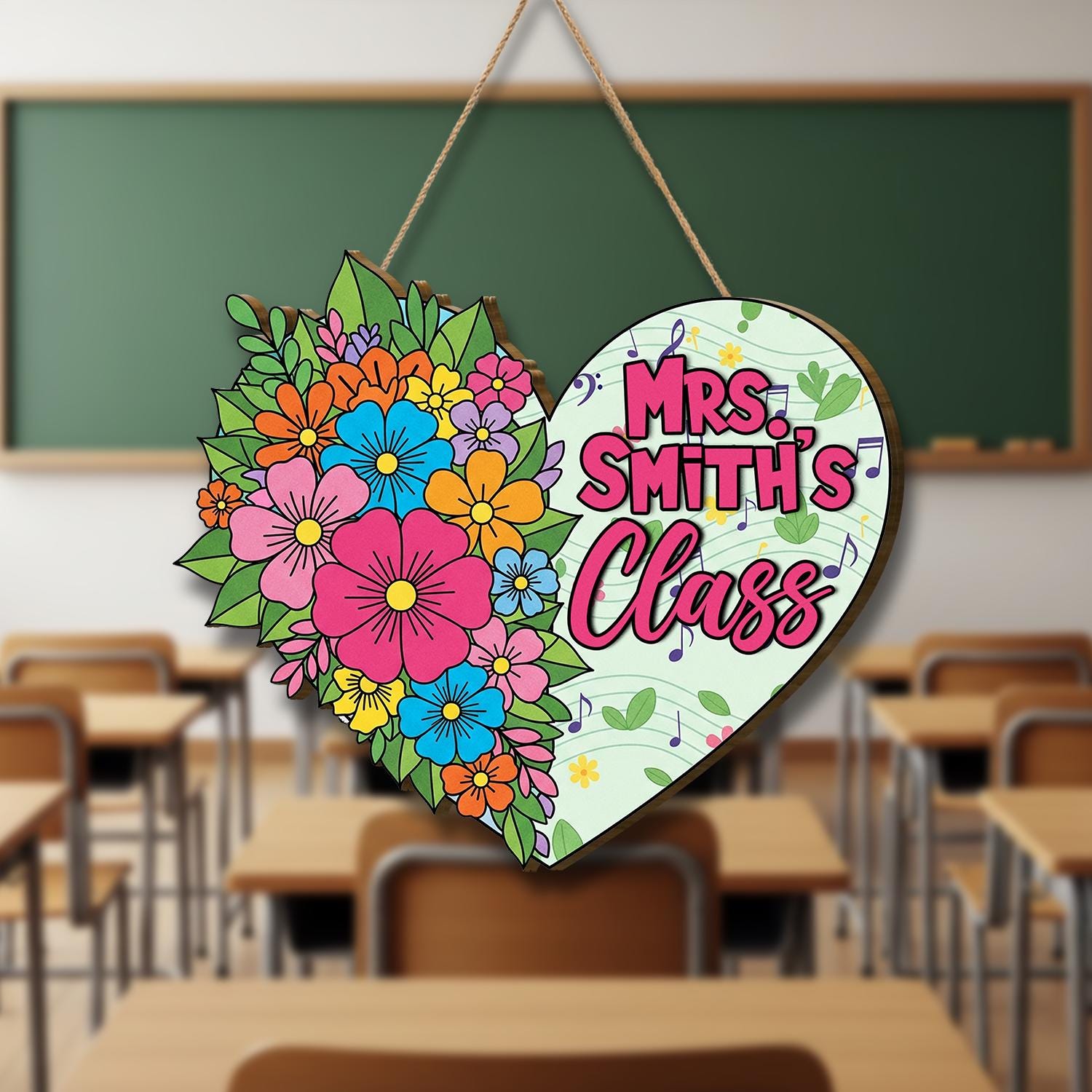 Custome Class Sign, Heart Shaped Floral Door Hanger, Personalized Teacher Decor, Classroom Wall Sign, Back to School Gift, Personalized Sign