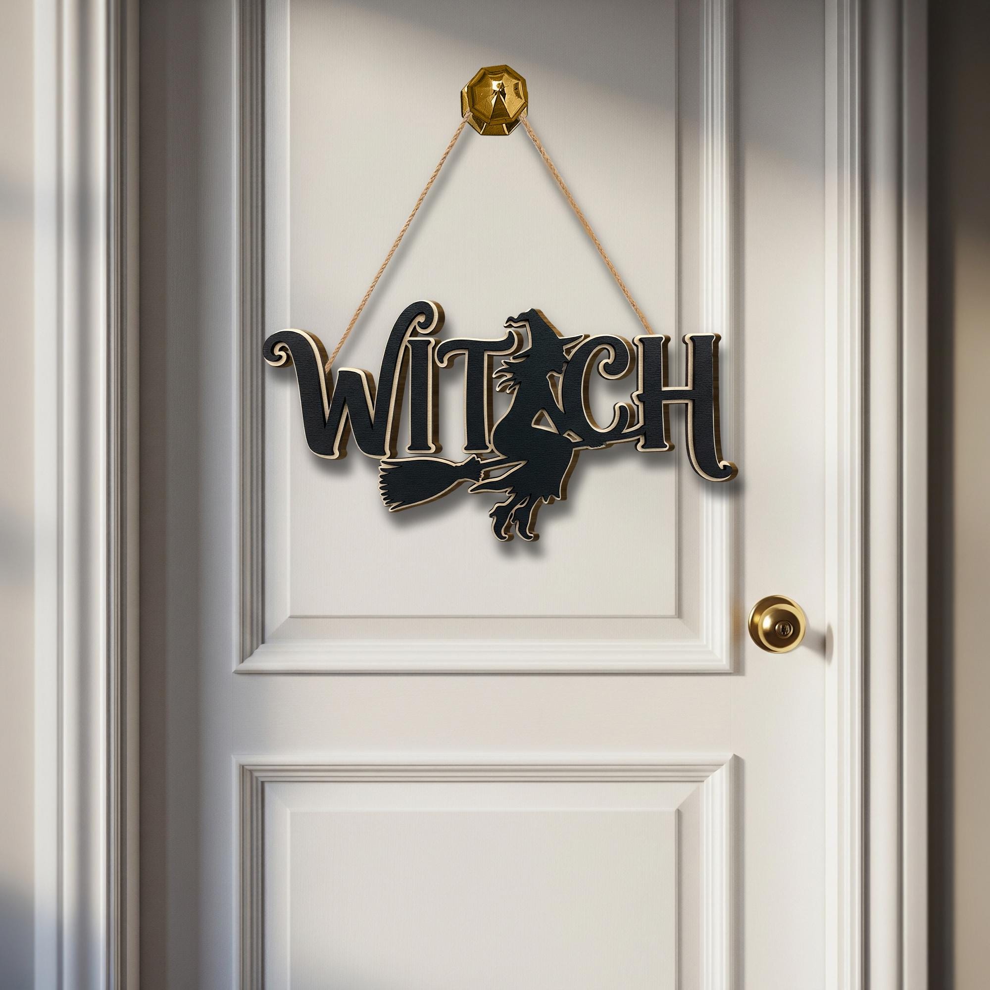 Witch Silhouette Door Sign, Halloween Flying Witch Wooden Hanger, Spooky Black Witch Wall Decor, Fall Front Door Plaque
