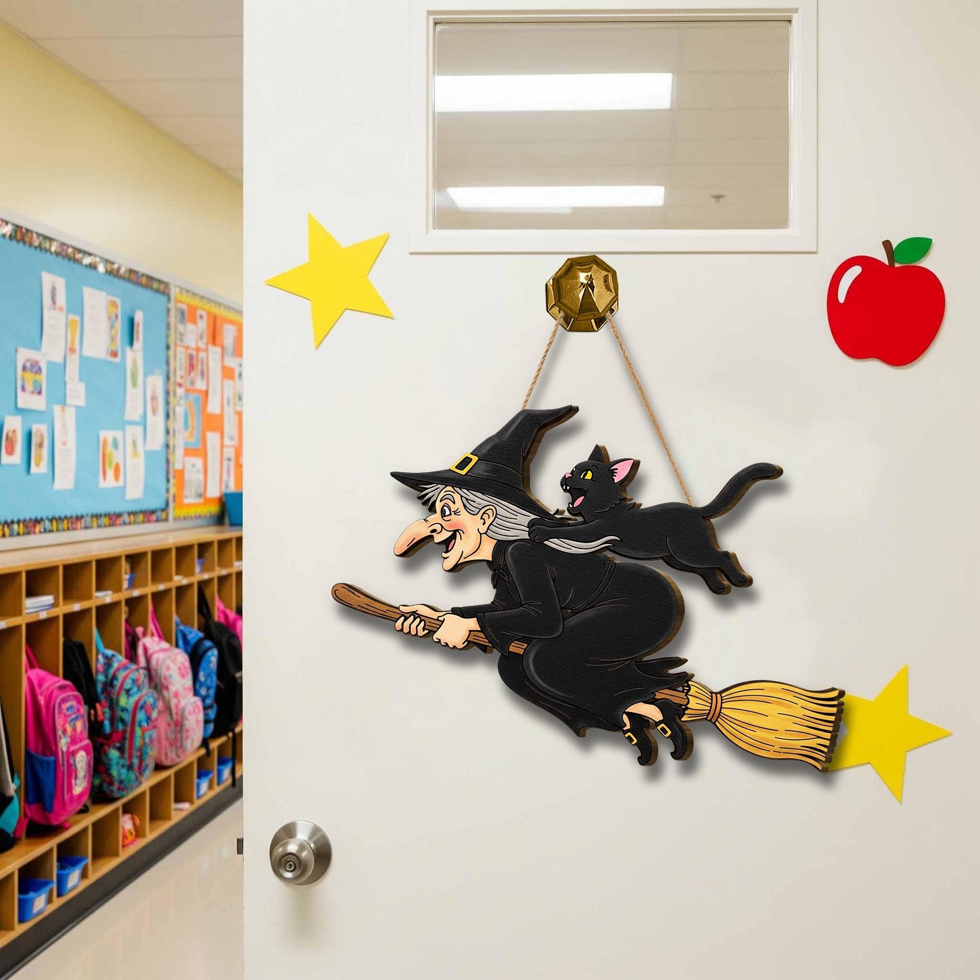 Flying Witch and Cat Door Hanger, Halloween Wooden Witch Wall Sign, Spooky Fall Front Door Decor, Witch Broom Porch Plaque