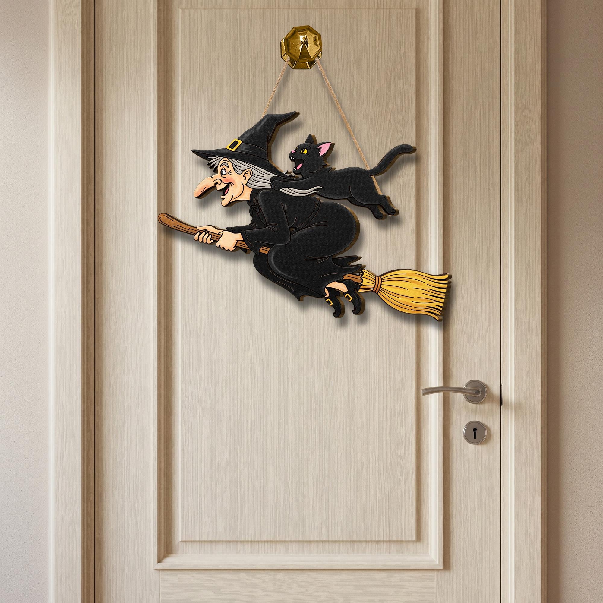 Flying Witch and Cat Door Hanger, Halloween Wooden Witch Wall Sign, Spooky Fall Front Door Decor, Witch Broom Porch Plaque