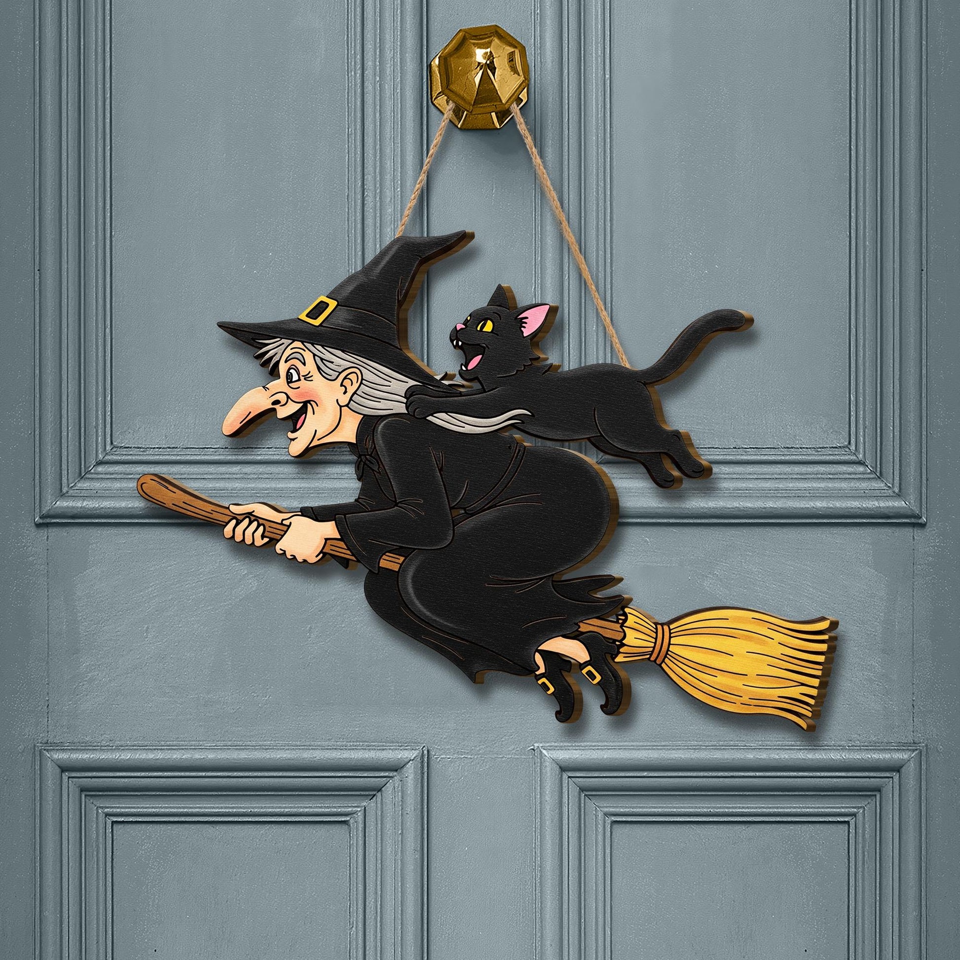 Flying Witch and Cat Door Hanger, Halloween Wooden Witch Wall Sign, Spooky Fall Front Door Decor, Witch Broom Porch Plaque