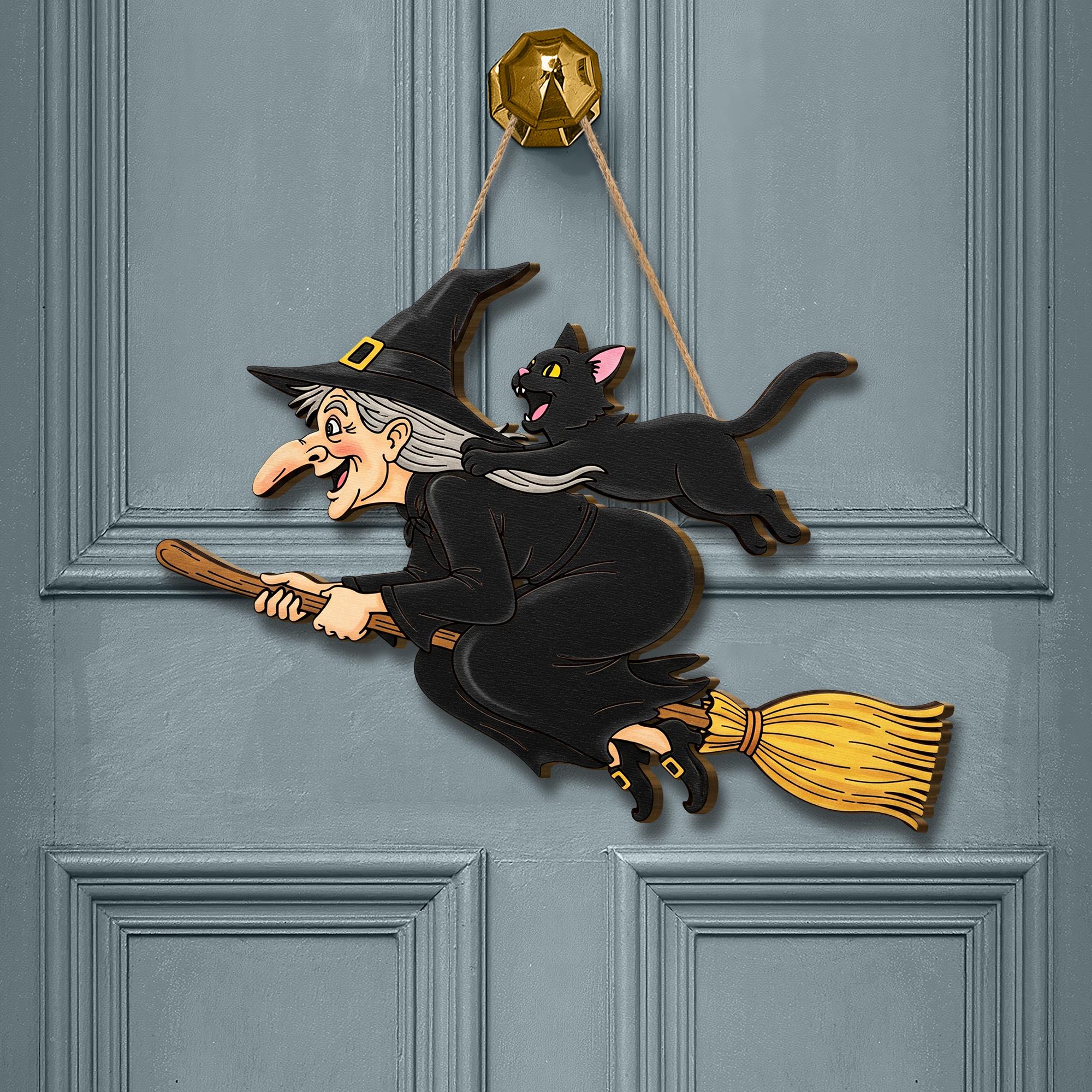 Flying Witch and Cat Door Hanger, Halloween Wooden Witch Wall Sign, Spooky Fall Front Door Decor, Witch Broom Porch Plaque
