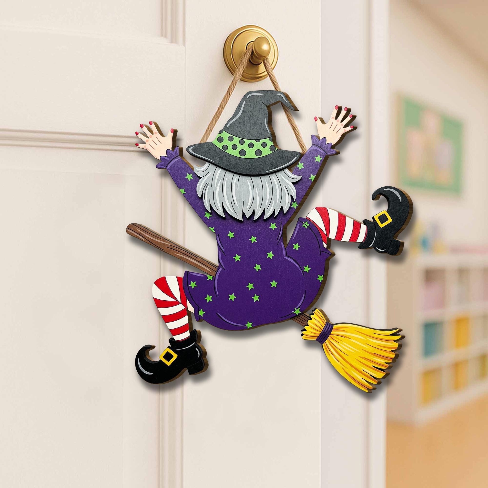 Crashing Witch Door Hanger, Funny Halloween Witch Wall Sign, Purple Flying Witch Porch Decor, Fall Broomstick Front Door Plaque