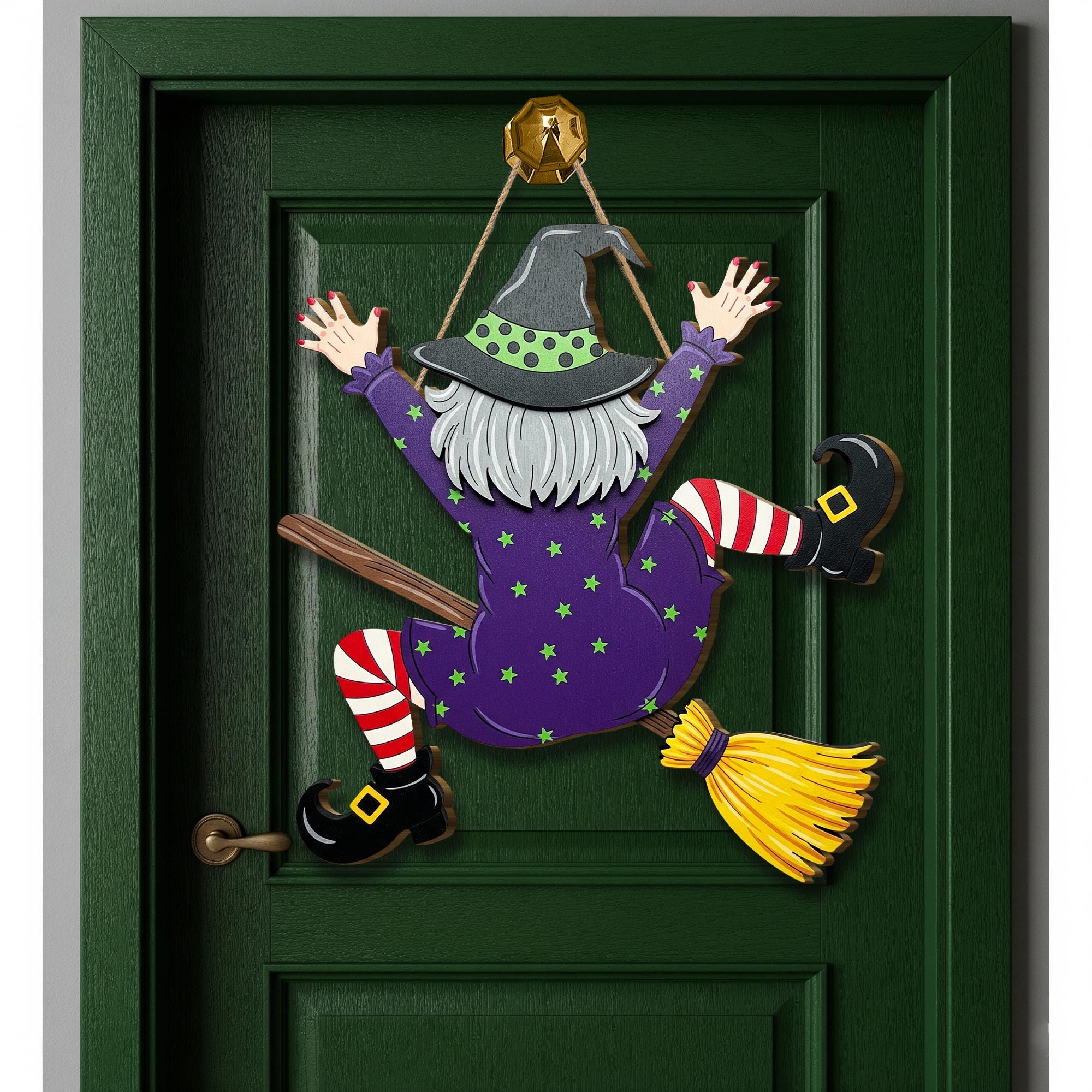 Crashing Witch Door Hanger, Funny Halloween Witch Wall Sign, Purple Flying Witch Porch Decor, Fall Broomstick Front Door Plaque