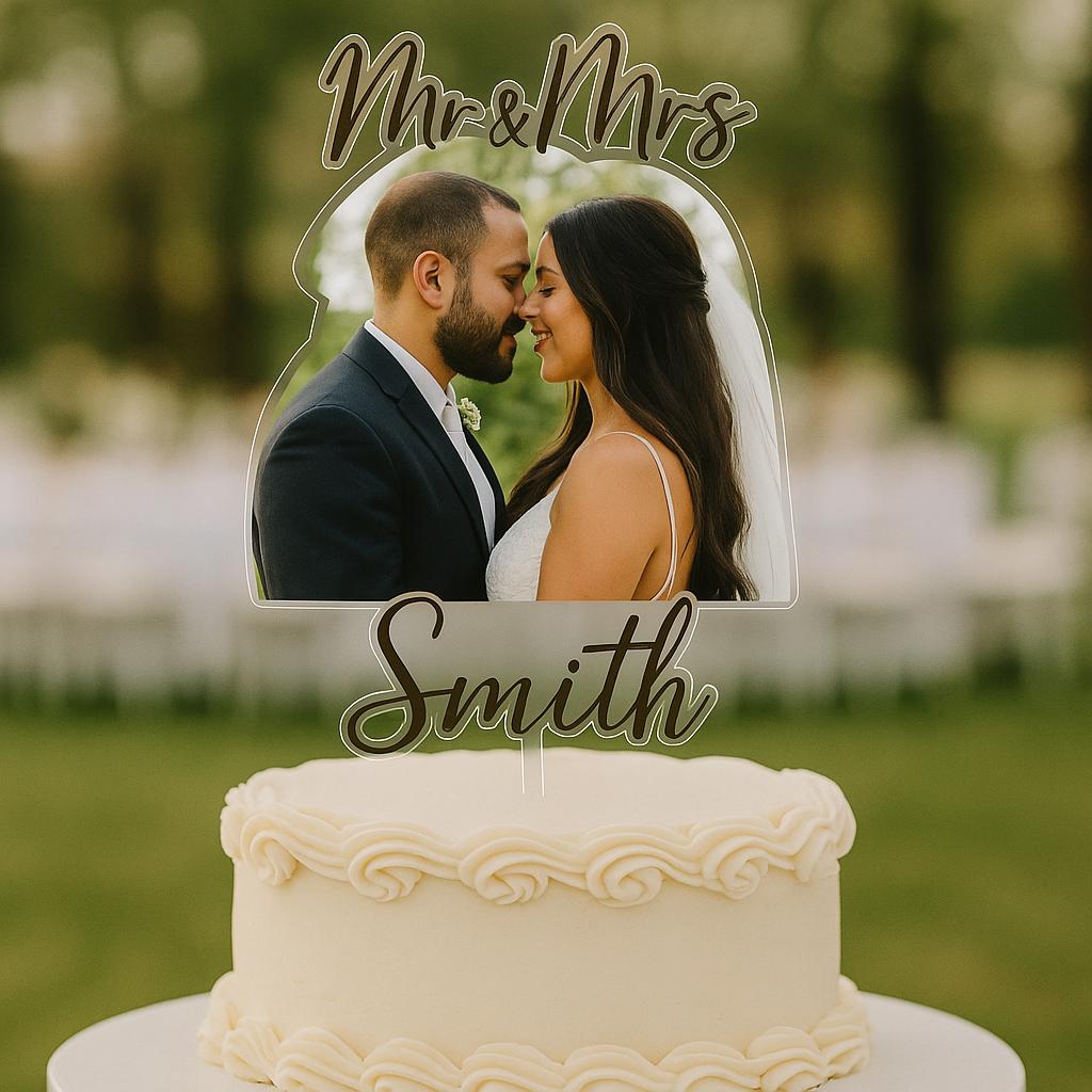 Custom Photo Wedding Cake Topper – Mr & Mrs Last Name Acrylic Topper – Personalized Couple Picture Cake Decoration – Elegant Wedding
