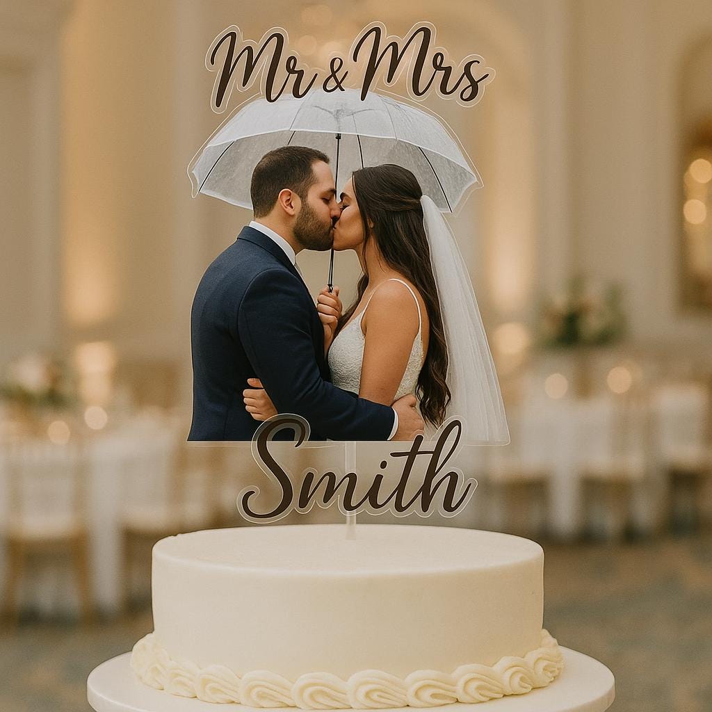 Custom Photo Wedding Cake Topper – Mr & Mrs Last Name Acrylic Topper – Personalized Couple Picture Cake Decoration – Elegant Wedding