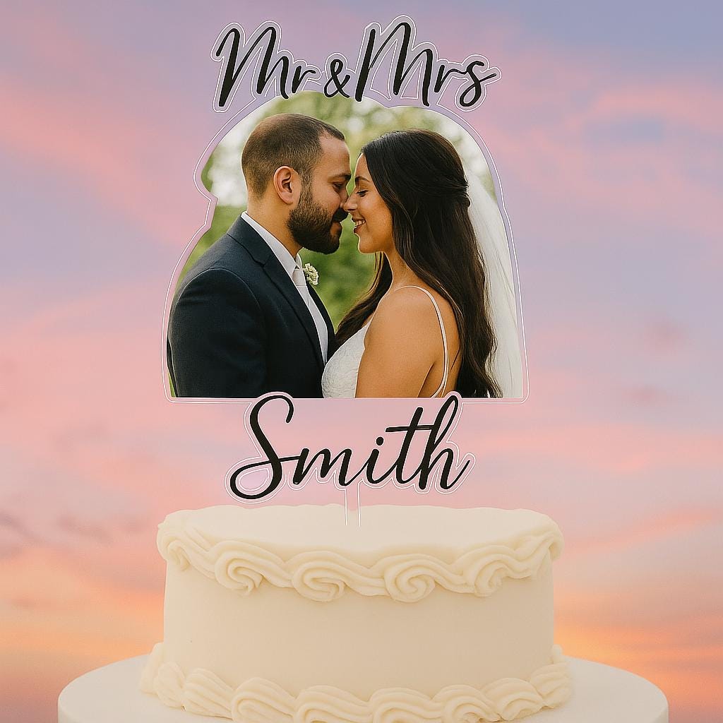 Custom Photo Wedding Cake Topper – Mr & Mrs Last Name Acrylic Topper – Personalized Couple Picture Cake Decoration – Elegant Wedding