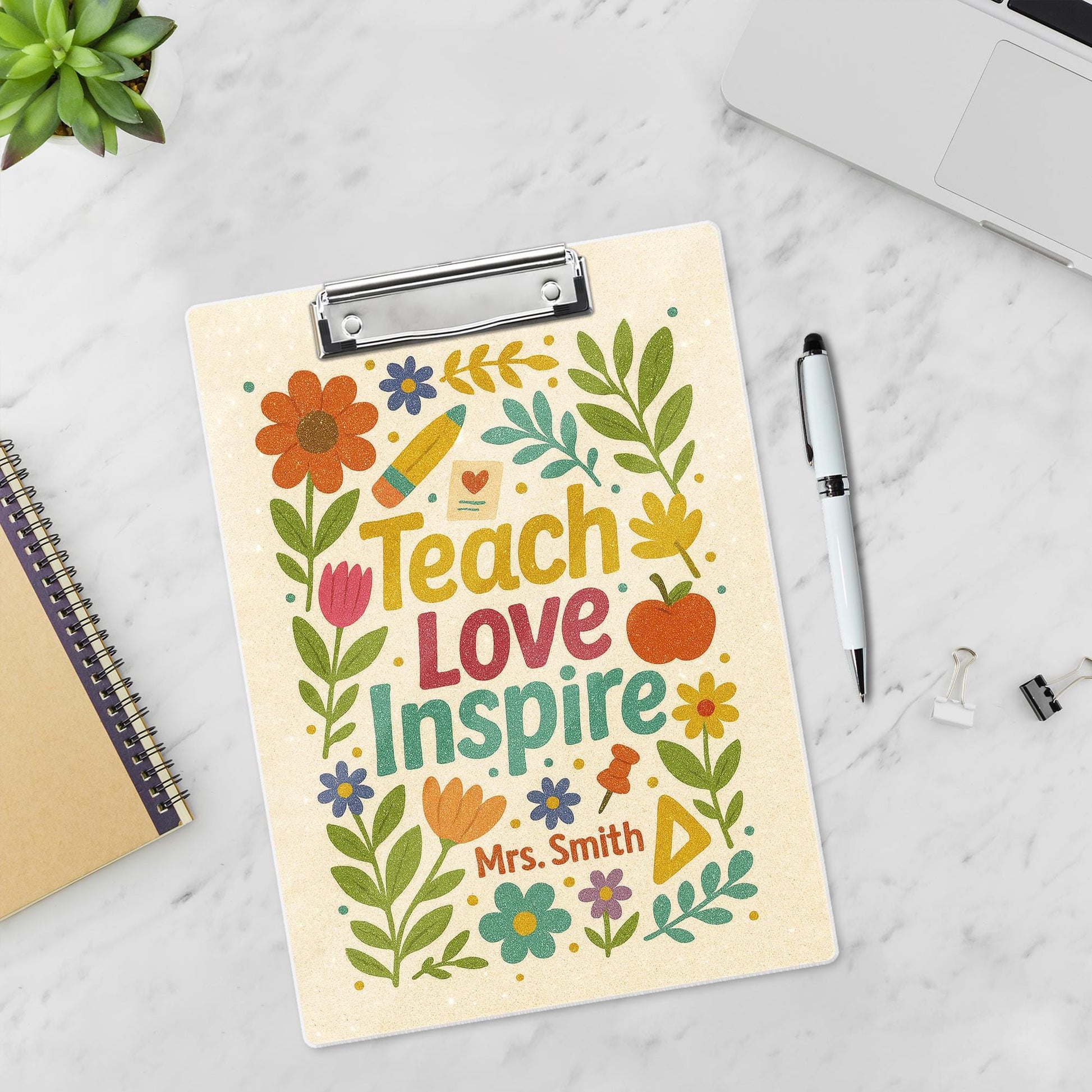 Personalized Teacher Clipboard, Teach Love Inspire Floral Clipboard, Custom Gift for Teacher Appreciation, Back to School Gift