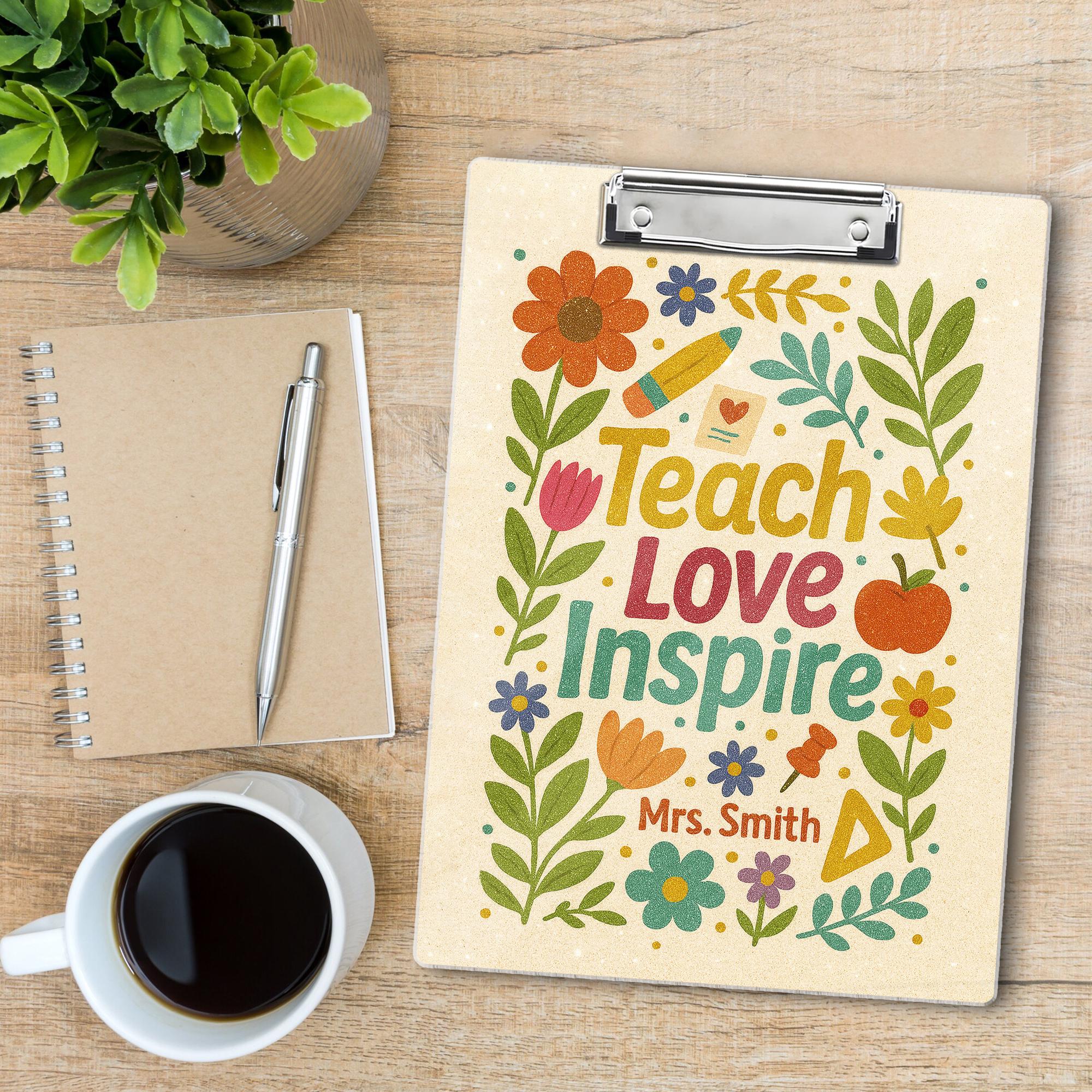Personalized Teacher Clipboard, Teach Love Inspire Floral Clipboard, Custom Gift for Teacher Appreciation, Back to School Gift