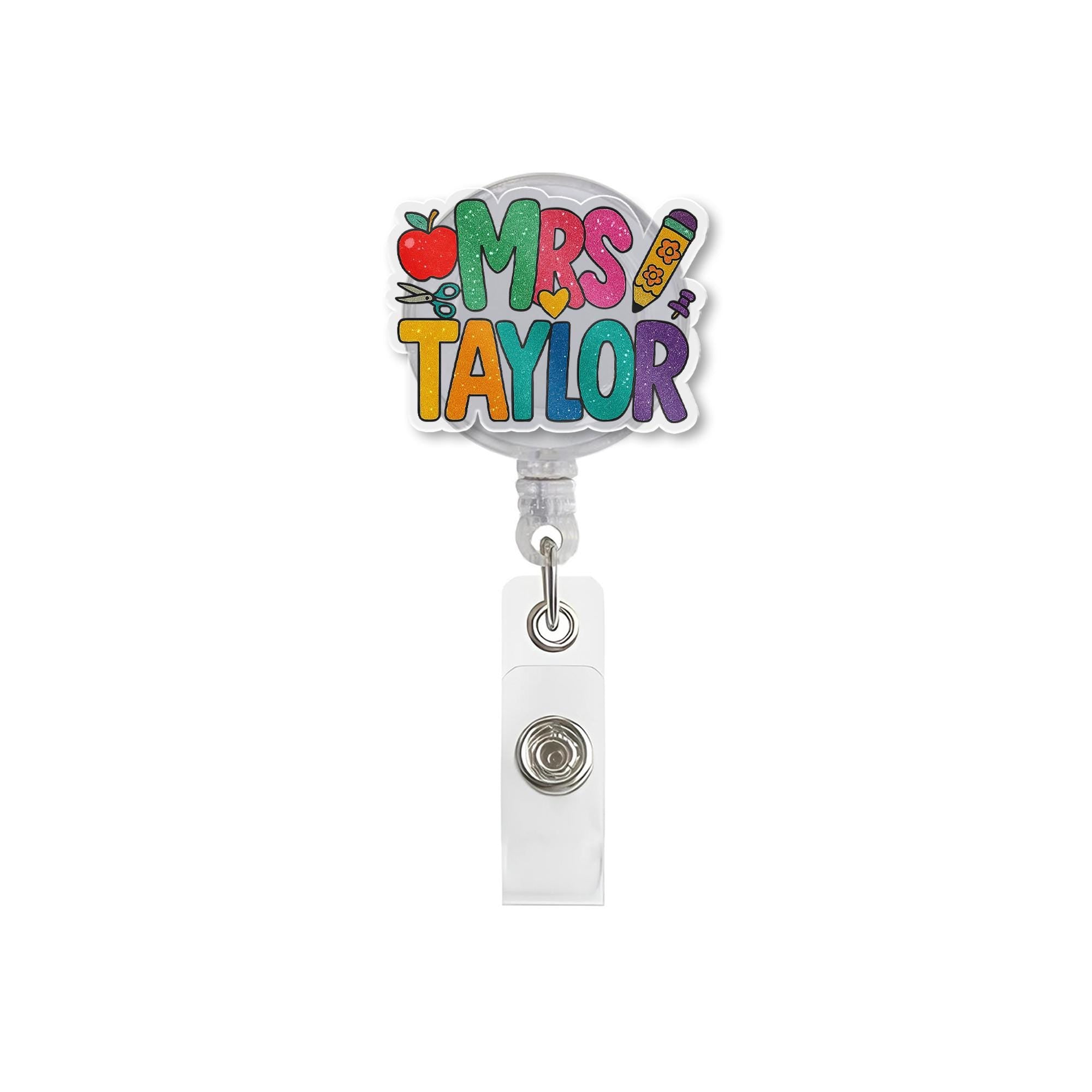 Personalized Teacher Badge Reel, Custom Name ID Holder, Cute Rainbow Badge Clip, Teacher Gift for Classroom or School Staff