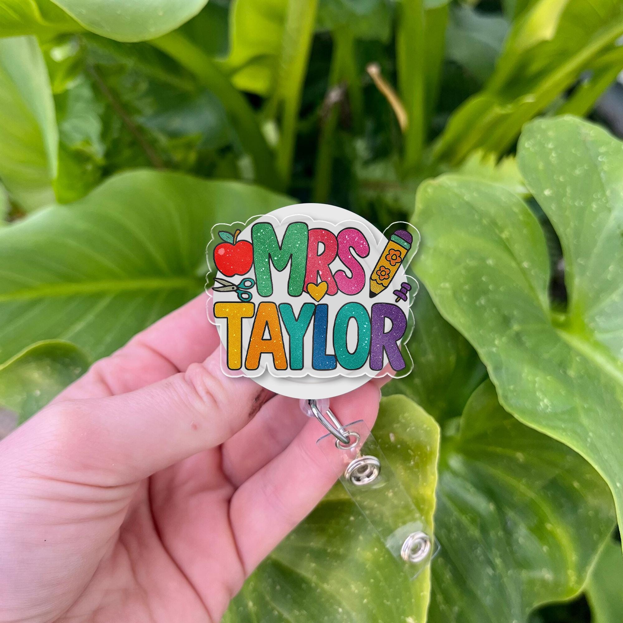 Personalized Teacher Badge Reel, Custom Name ID Holder, Cute Rainbow Badge Clip, Teacher Gift for Classroom or School Staff