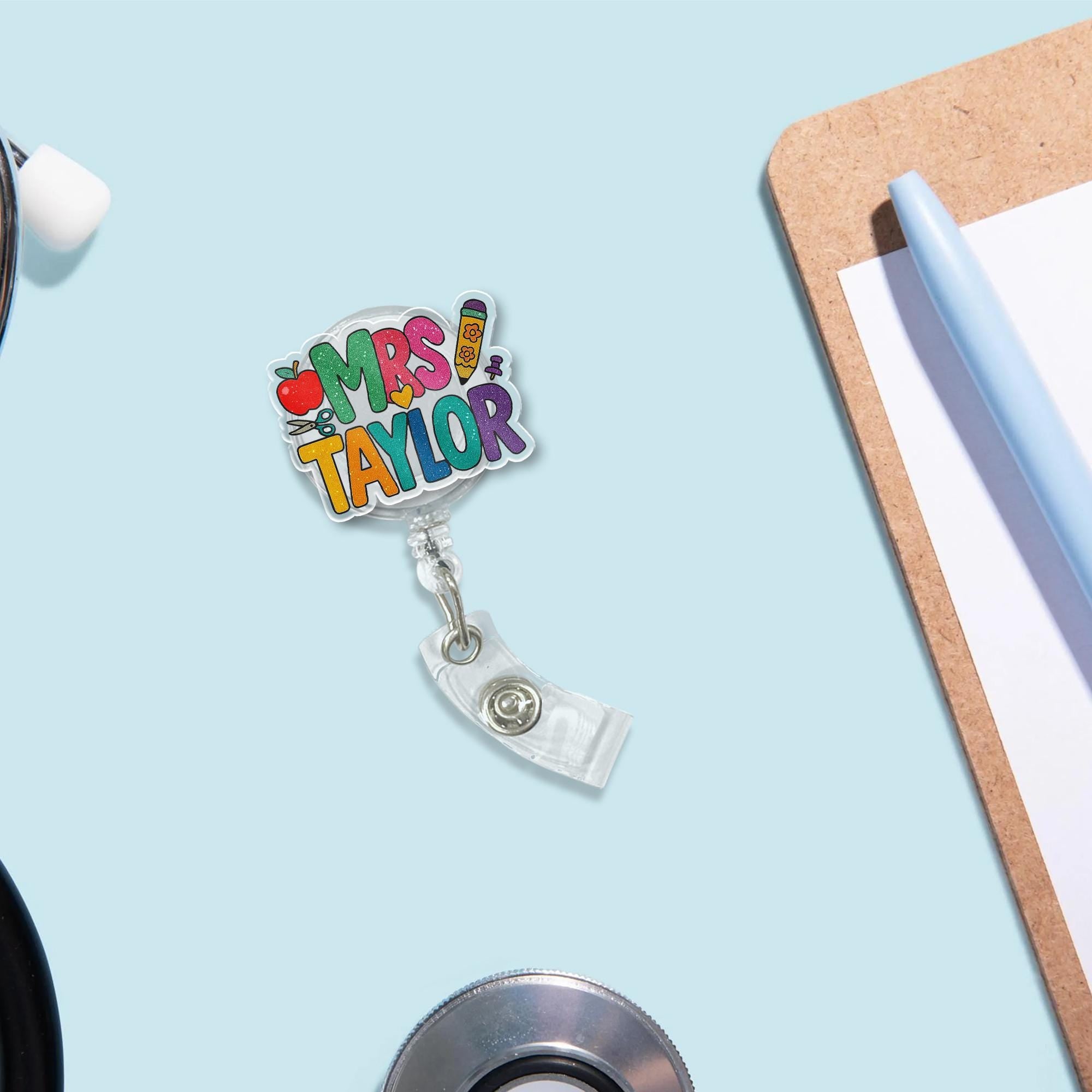 Personalized Teacher Badge Reel, Custom Name ID Holder, Cute Rainbow Badge Clip, Teacher Gift for Classroom or School Staff