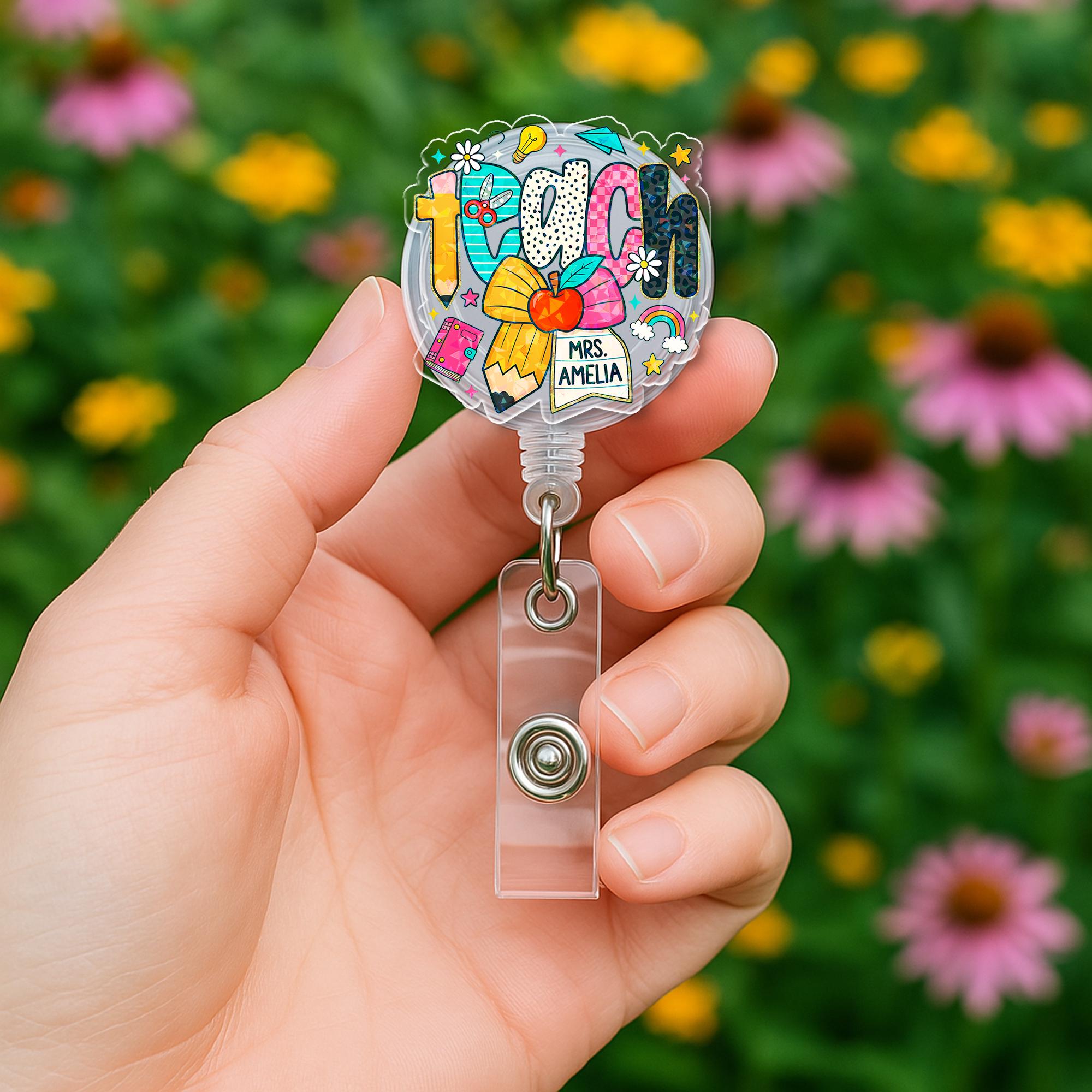 Custom Teacher Badge Reel, Personalized Name ID Clip, Cute Colorful Badge Holder, Back to School Gift for Educators, Staff Lanyard