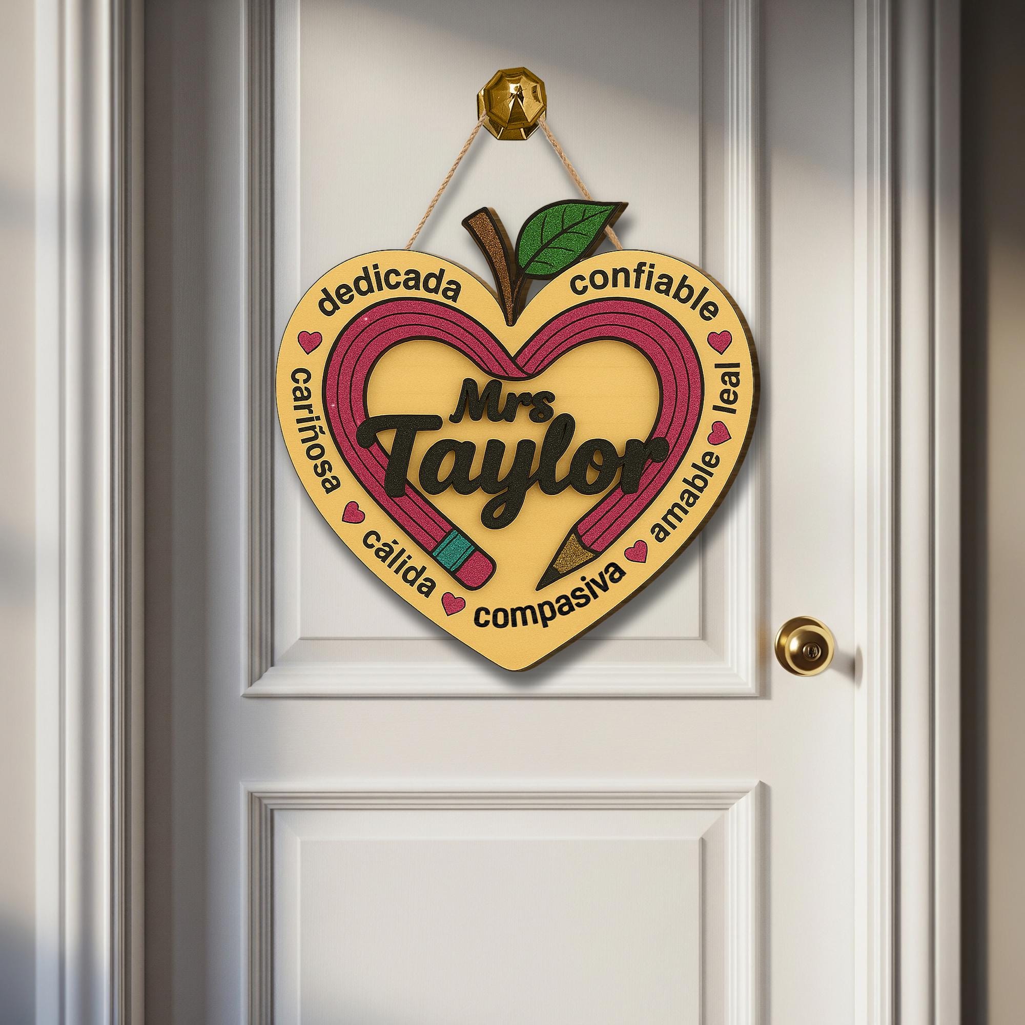 Spanish Teacher Door Hanger, Personalized Classroom Sign, Heart Pencil Door Decor, Custom Name Teacher Gift, Back to School Decor