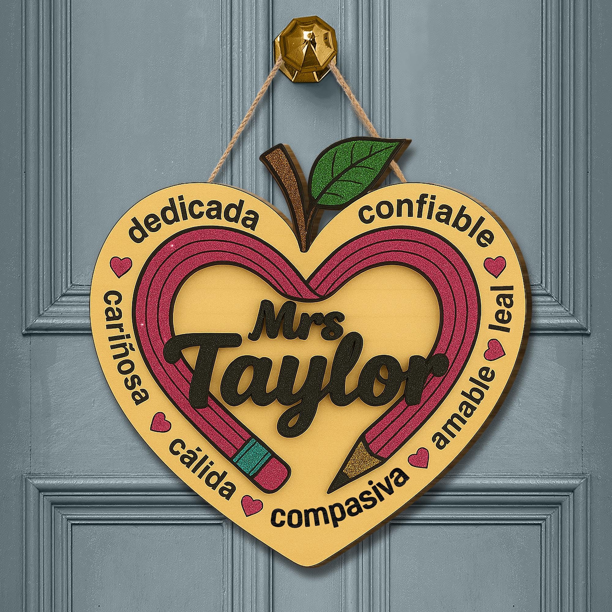 Spanish Teacher Door Hanger, Personalized Classroom Sign, Heart Pencil Door Decor, Custom Name Teacher Gift, Back to School Decor
