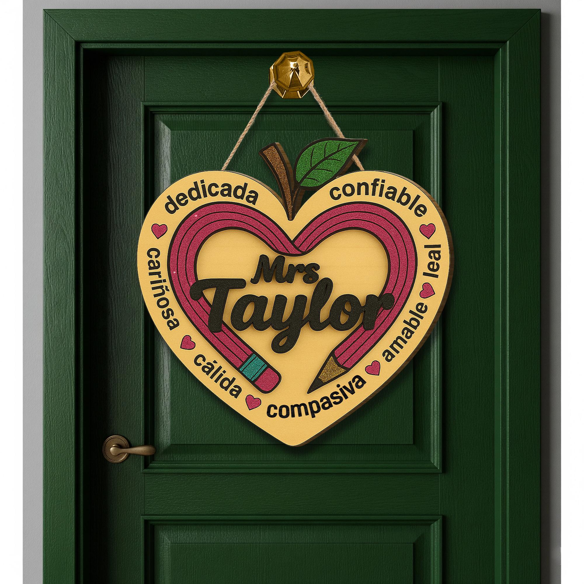 Spanish Teacher Door Hanger, Personalized Classroom Sign, Heart Pencil Door Decor, Custom Name Teacher Gift, Back to School Decor