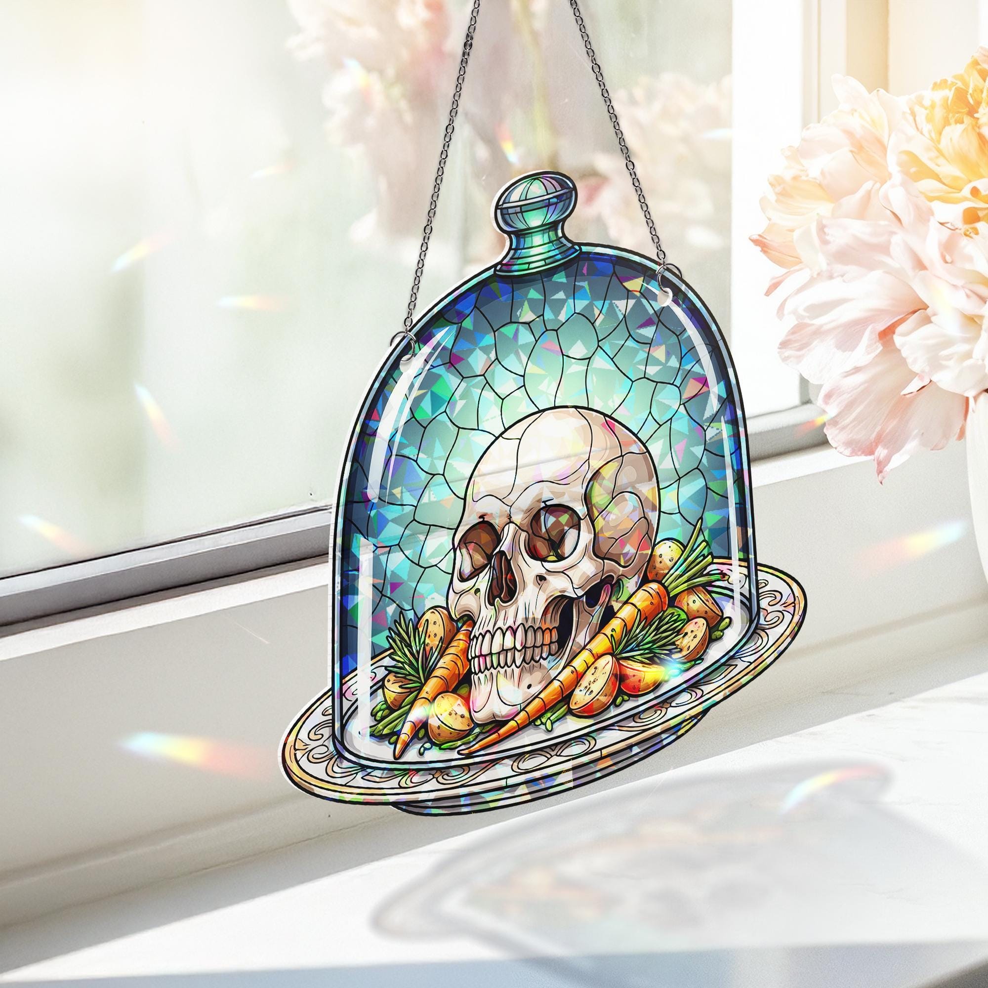 Gothic Skull Kitchen Suncatcher – Stained Glass Halloween Window Decor, Creepy Dome Art