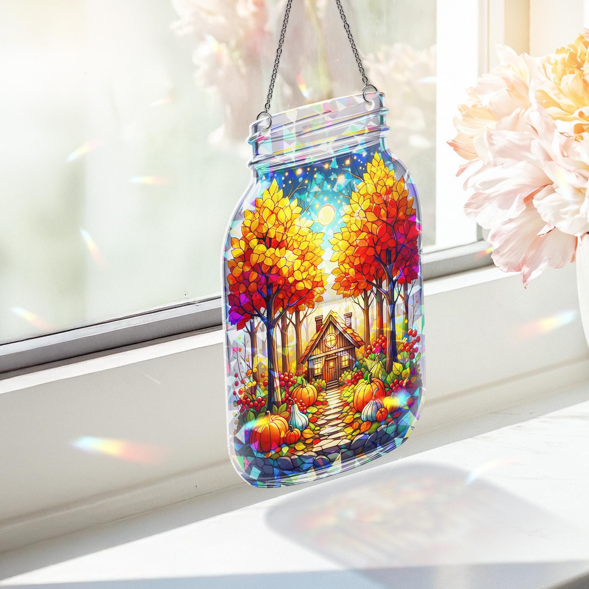 Autumn Cottage Suncatcher – Mason Jar Stained Glass Fall Window Decor, Pumpkin Path Art