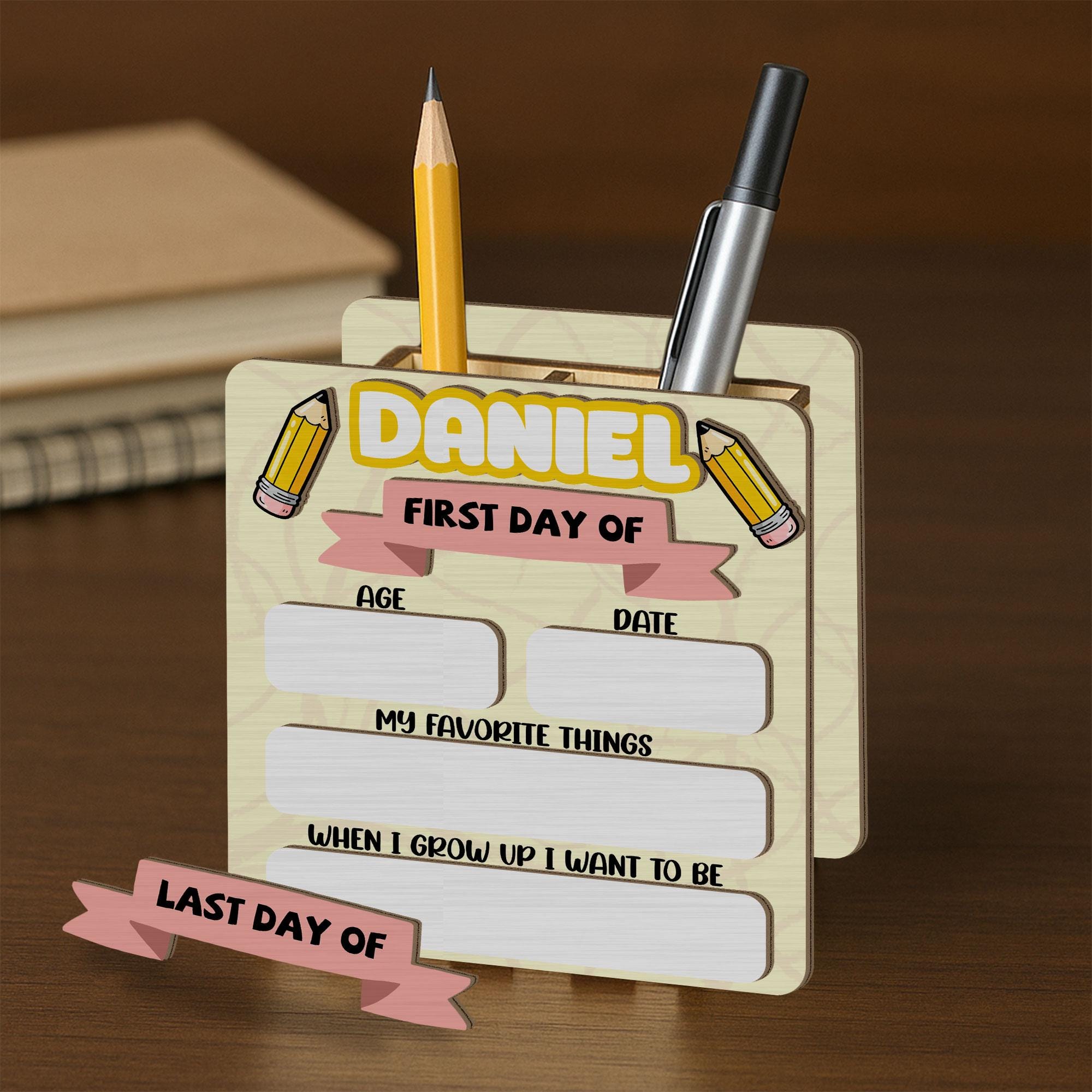 Personalized Wooden School Pencil Holder | Back to School Gift | Reusable Pen Organizer | Kids Desk Accessory | First Day of School Sign