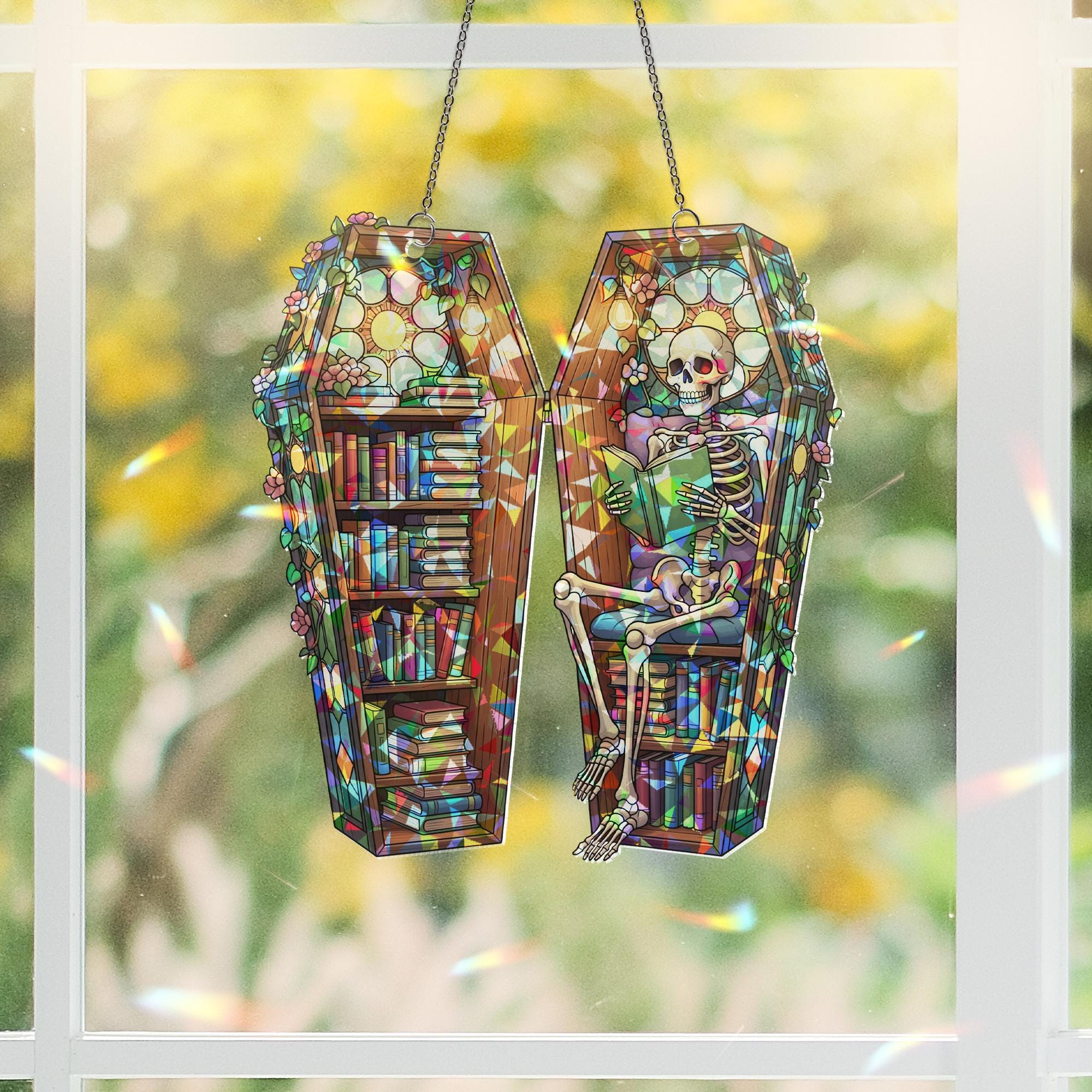 Skeleton Book Lover Suncatcher – Coffin Bookshelf Stained Glass Gothic Window Decor