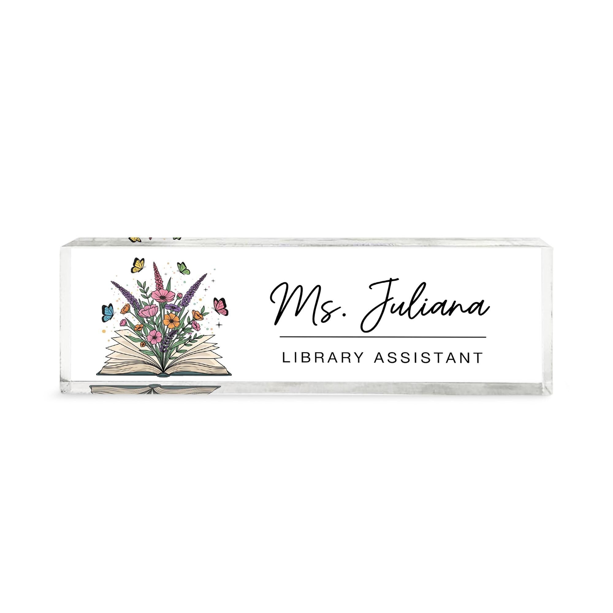 Library Assistant Desk Name Plate, Personalized Acrylic Name Sign, Teacher Gift, Butterfly Floral Office Decor, Custom Office Nameplate
