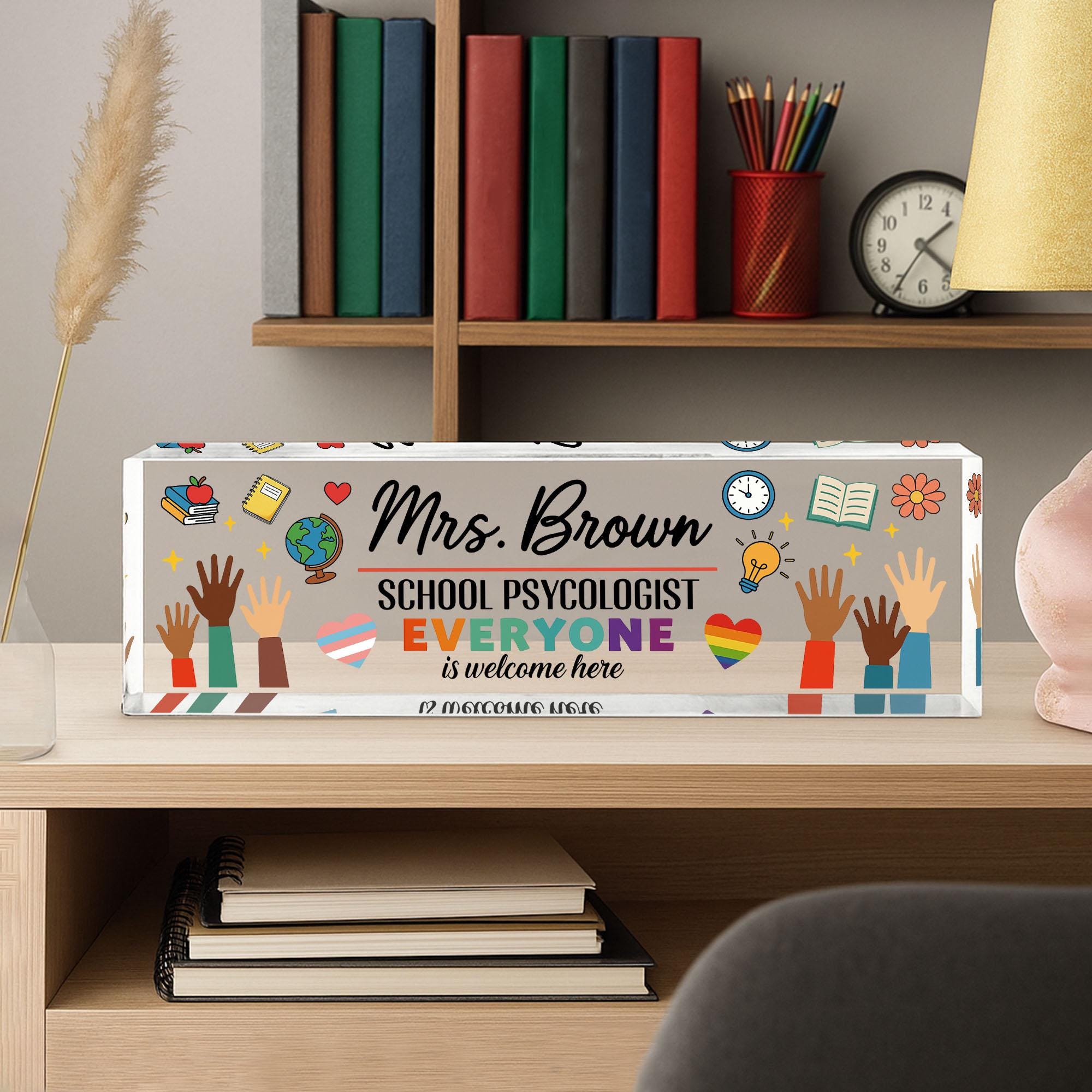 School Psychologist Desk Name Plate, Inclusive Office Decor, Custom Acrylic Sign, Personalized Gift, Diversity Name Tag, Office Pride Sign