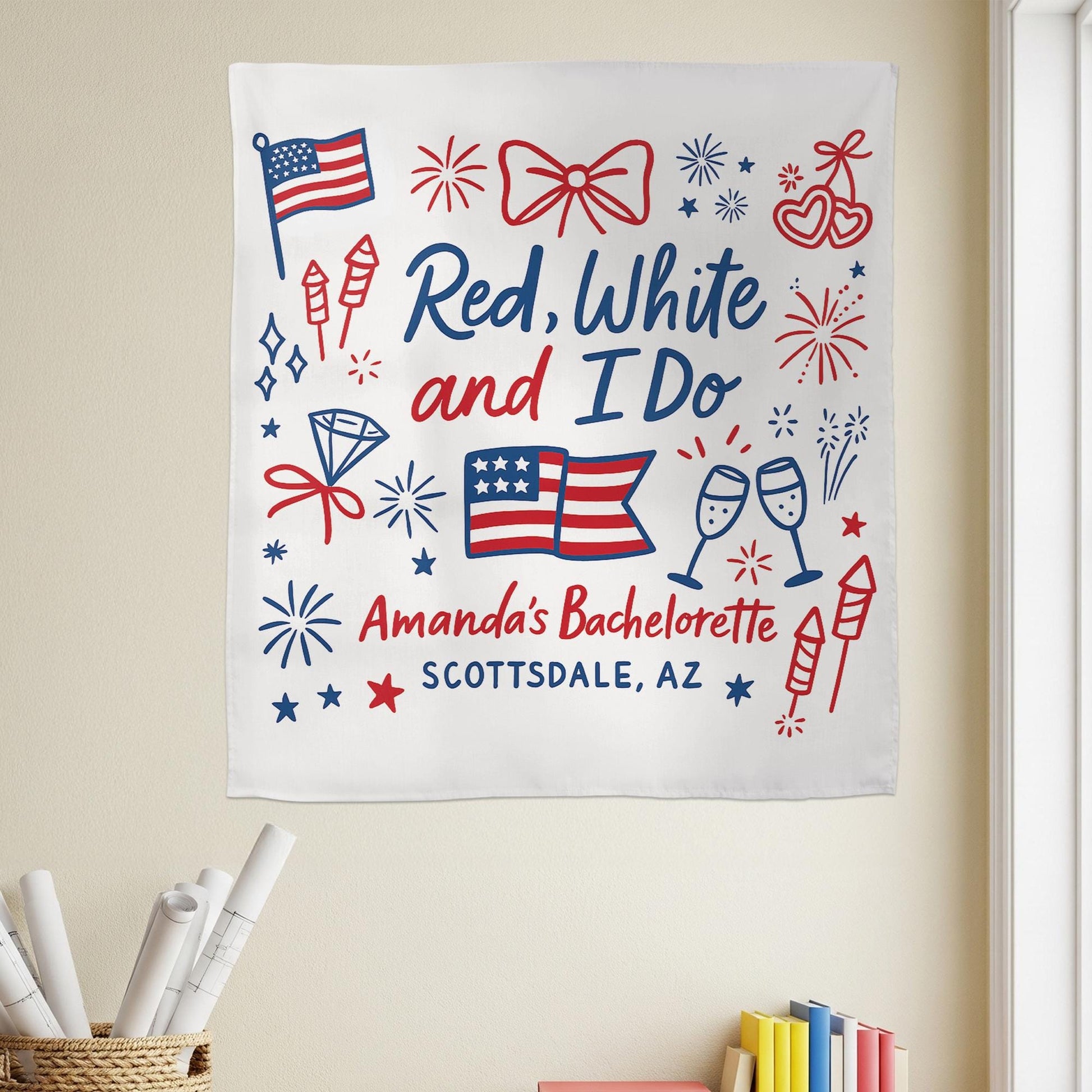 Red White and I Do Bachelorette Party Tapestry, 4th of July Bridal Shower Decor, Personalized USA Bride Tapestry, USA Bridal Shower Banner